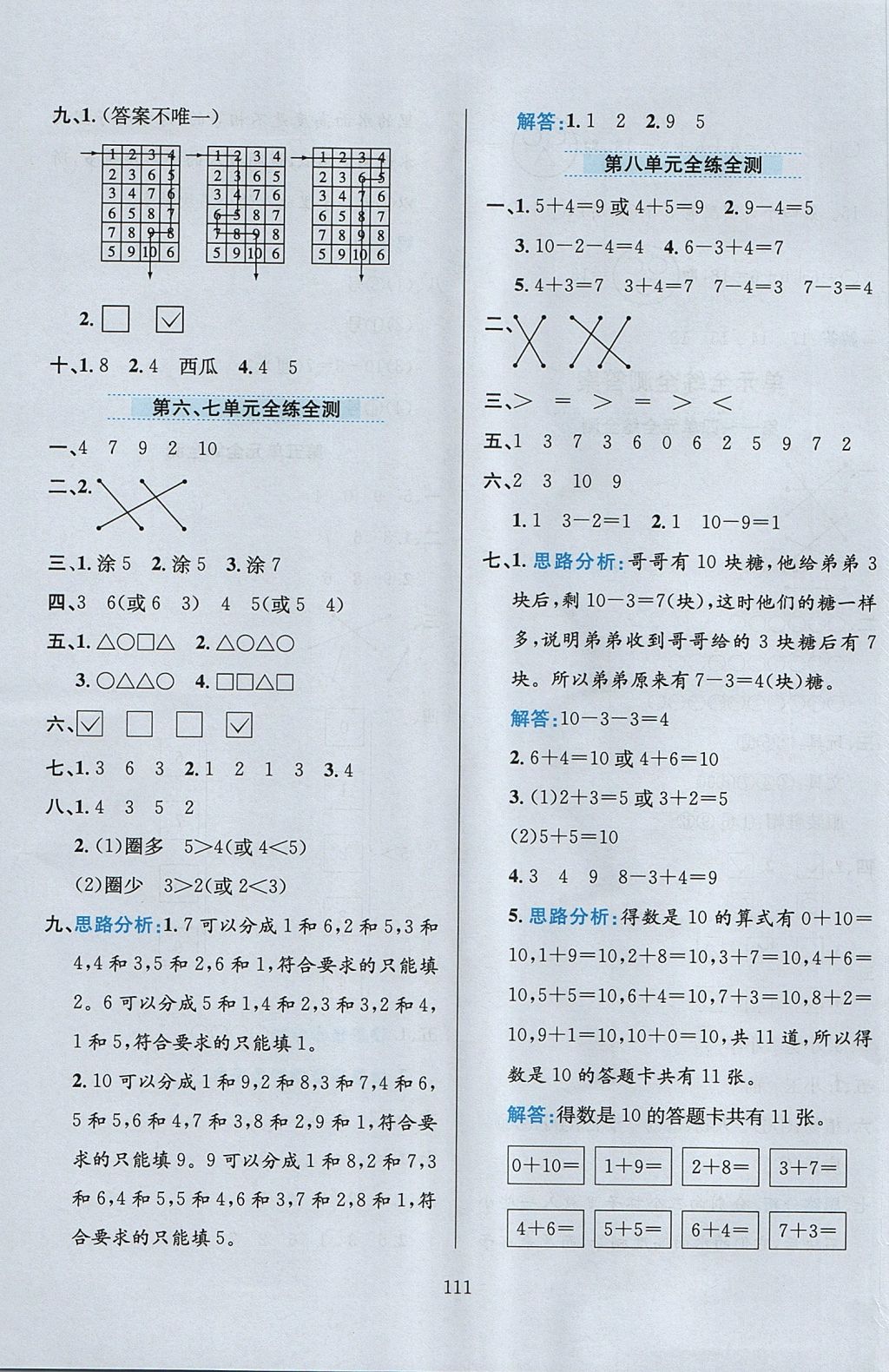 2017年小学教材全练一年级数学上册江苏版 参考答案第15页