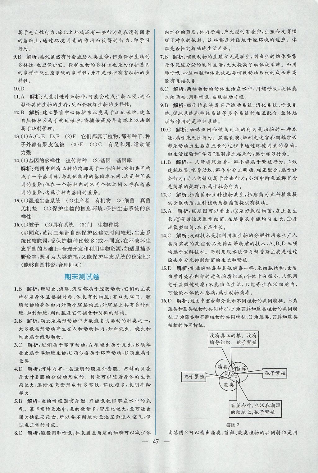 2017年同步导学案课时练八年级生物学上册人教版 参考答案第31页