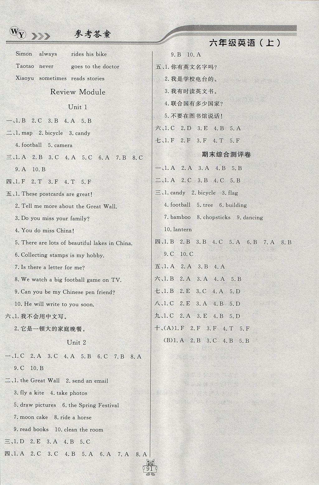 2017年狀元陪練課時優(yōu)化設(shè)計六年級英語上冊外研版 參考答案第7頁