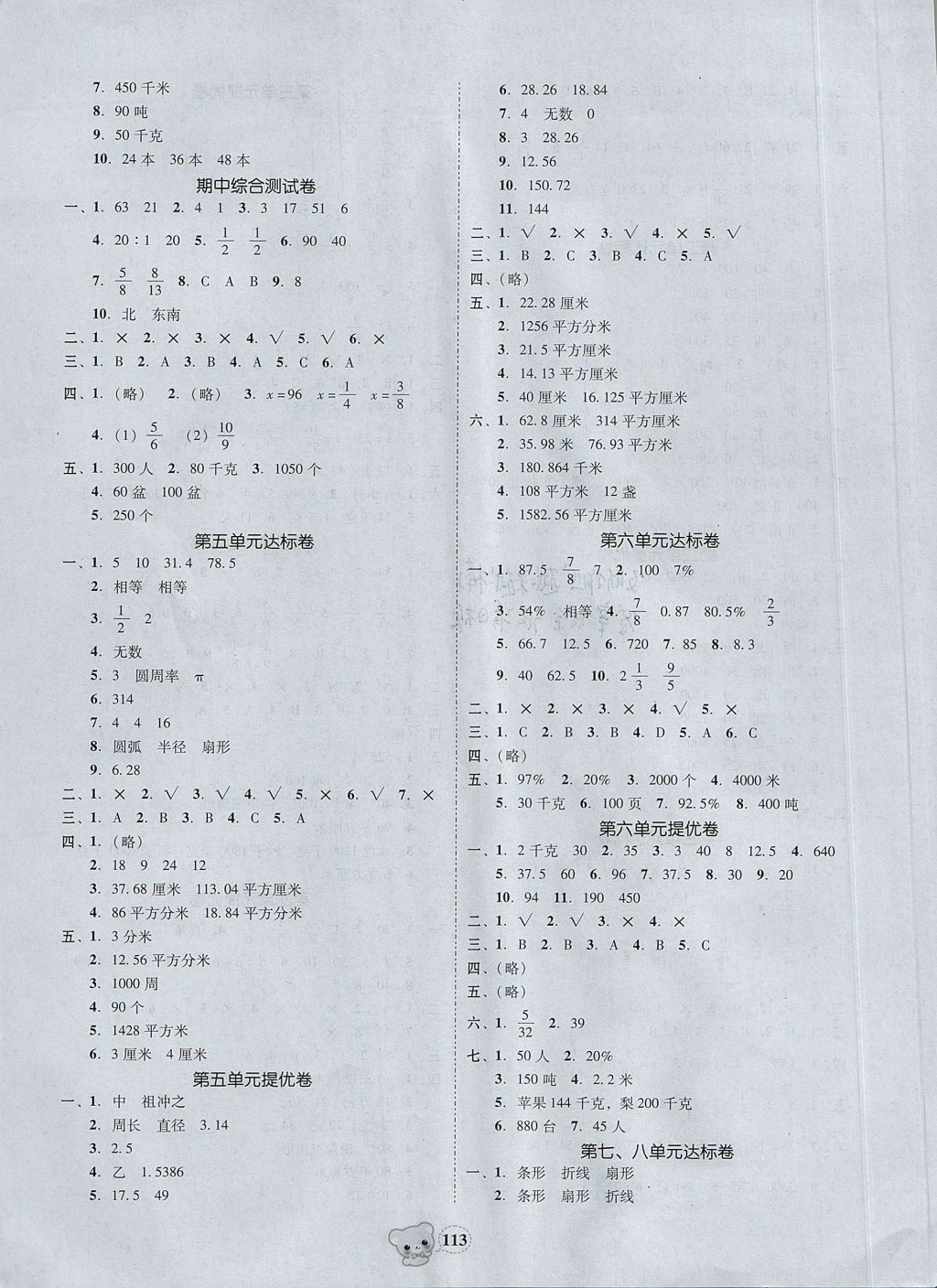 2017年易百分名校好卷黃岡測(cè)試題精編六年級(jí)數(shù)學(xué)上冊(cè)人教版 參考答案第7頁