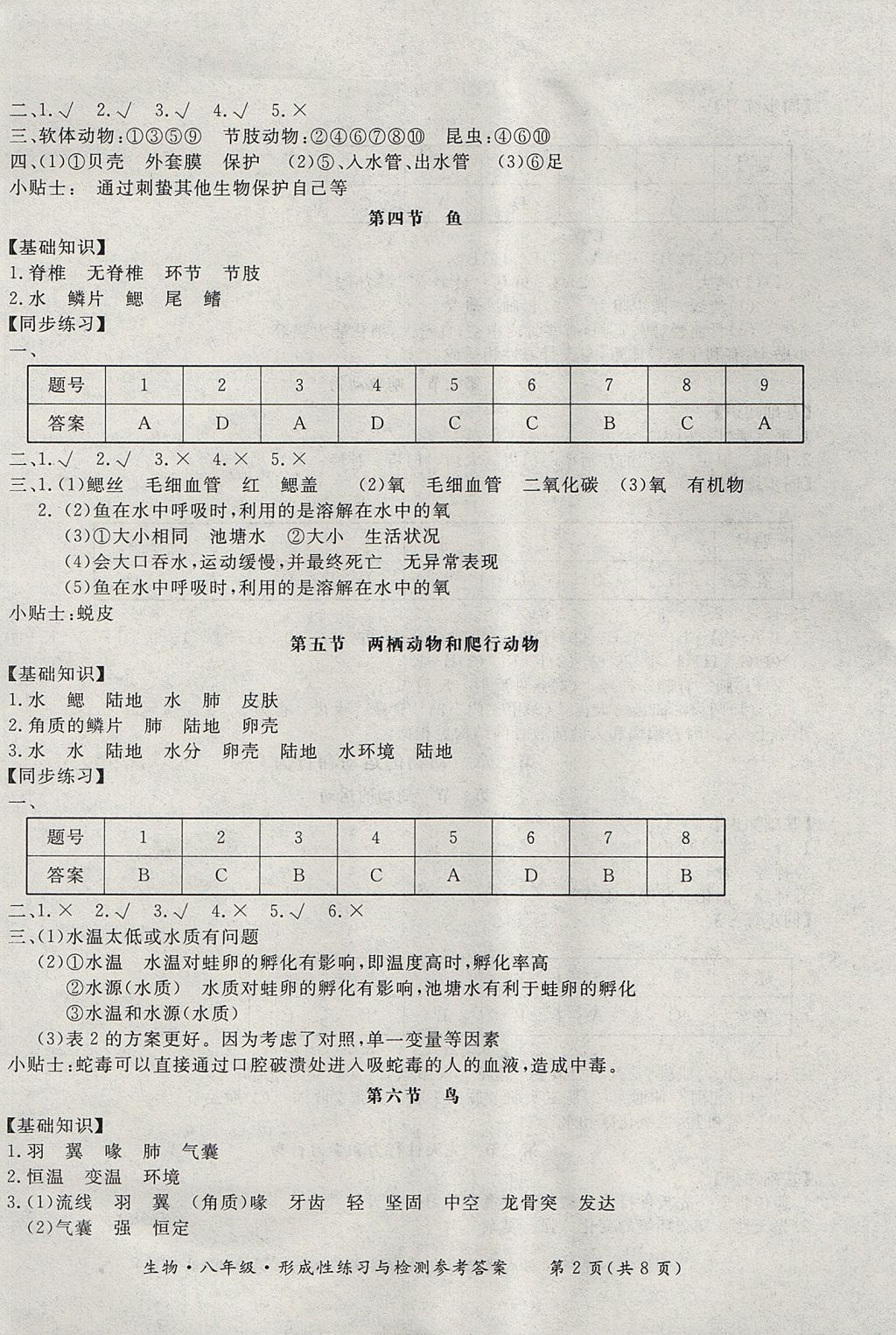 2017年新课标形成性练习与检测八年级生物上册人教版 参考答案第2页