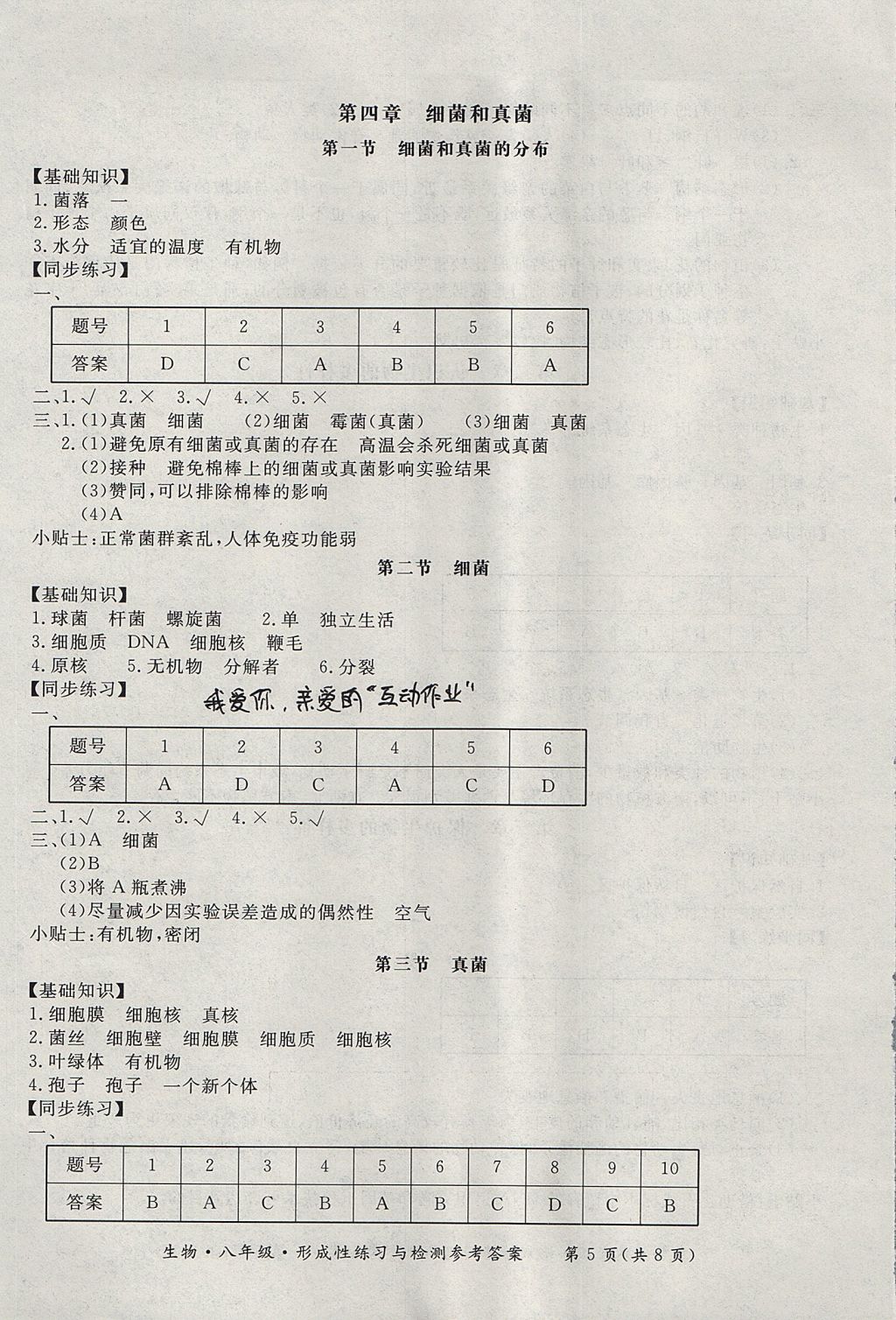 2017年新課標(biāo)形成性練習(xí)與檢測(cè)八年級(jí)生物上冊(cè)人教版 參考答案第5頁(yè)