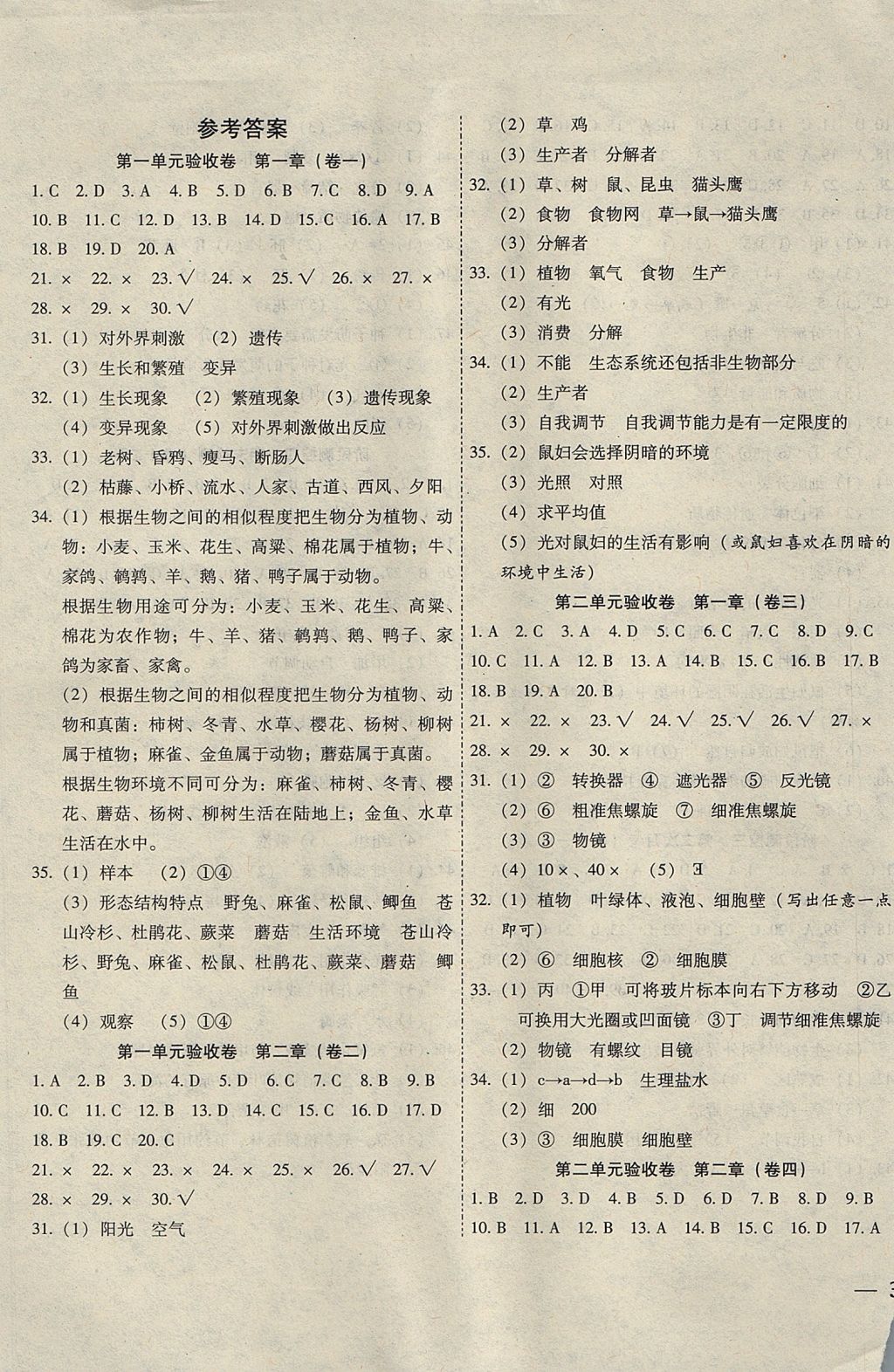 2017年云南省考標(biāo)準(zhǔn)卷七年級(jí)生物上冊(cè)人教版 參考答案第1頁(yè)