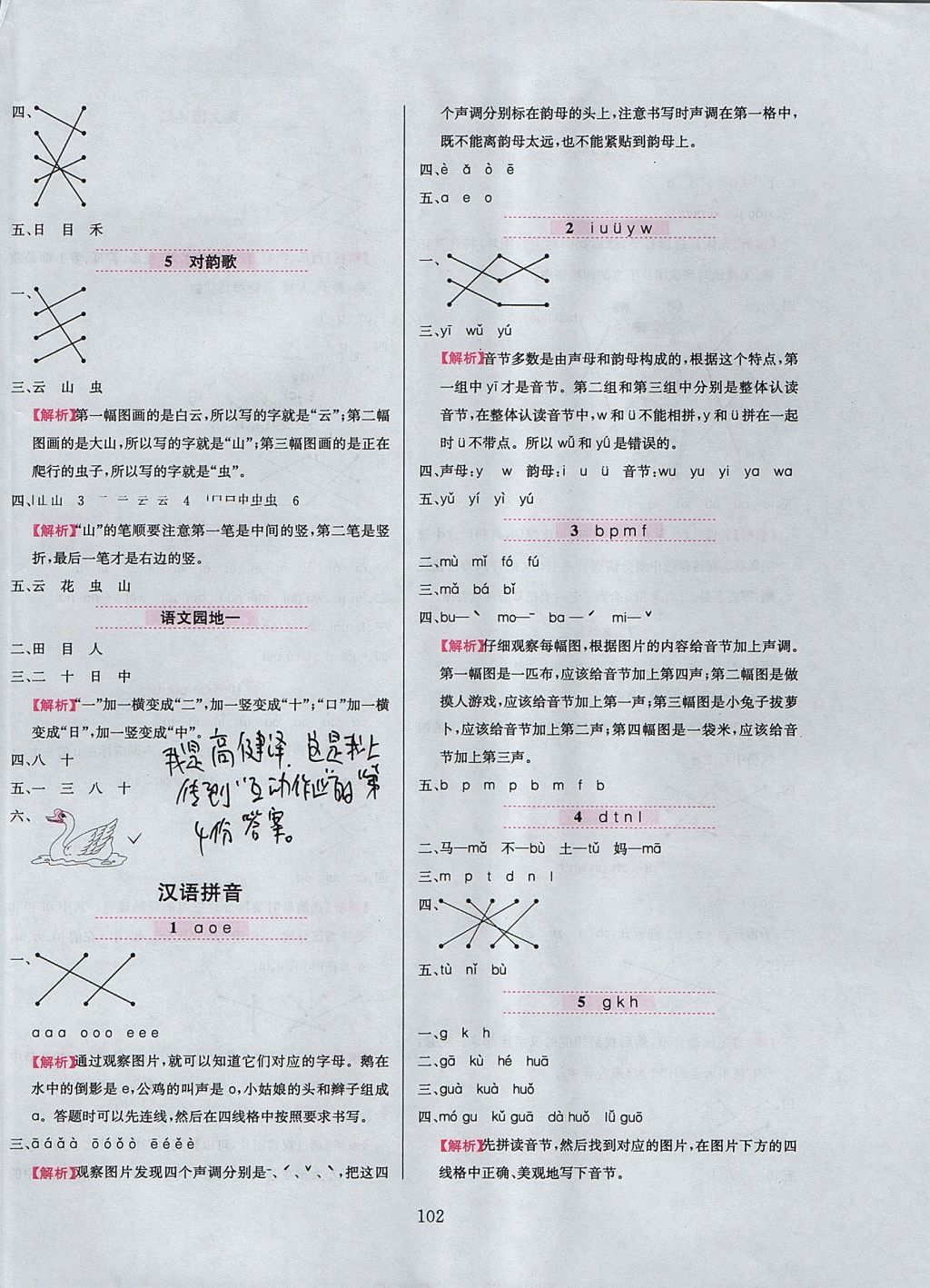 2017年小學(xué)教材全練一年級(jí)語文上冊(cè)人教版 參考答案第2頁