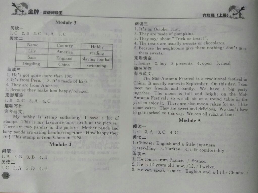 2017年點石成金金牌每課通六年級英語上冊外研版 參考答案第6頁