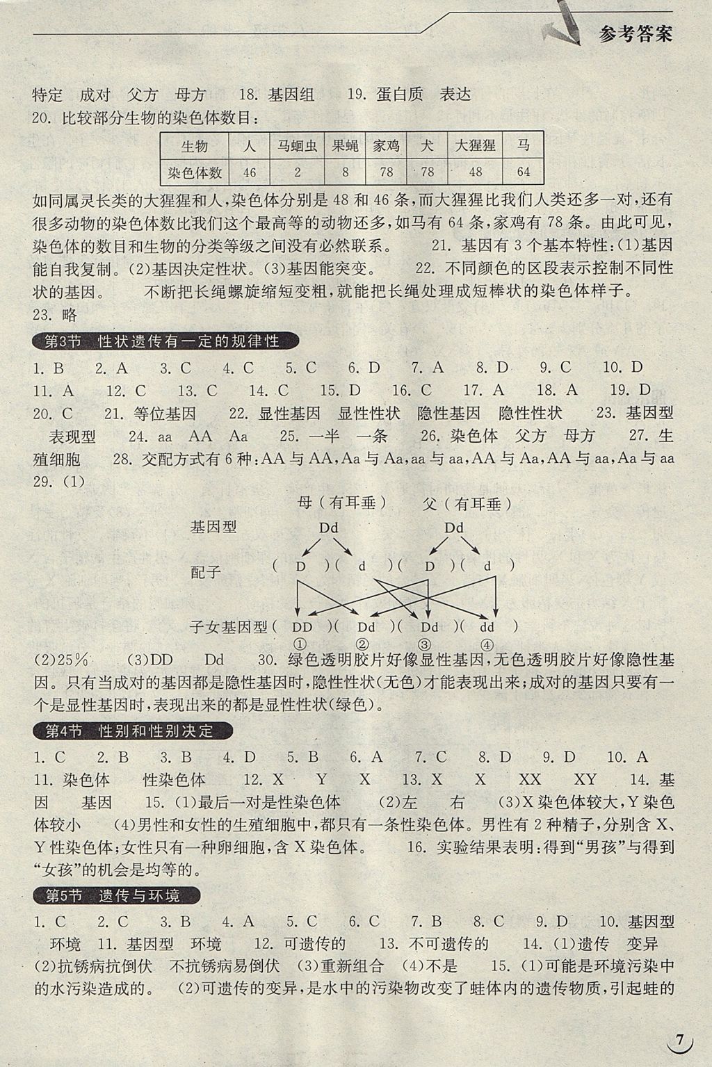 2017年長江作業(yè)本同步練習(xí)冊八年級生物學(xué)上冊北師大版 參考答案第7頁