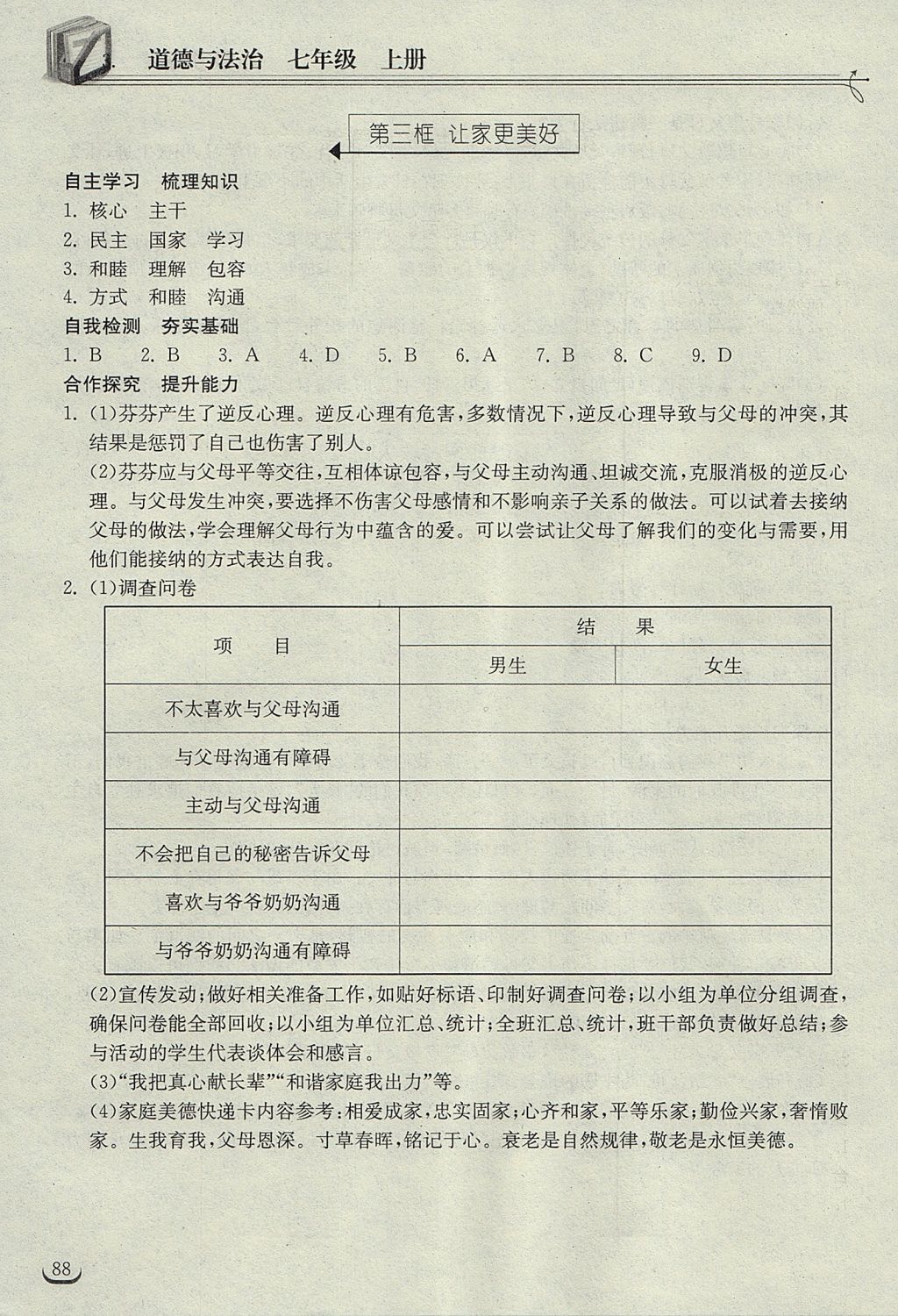 2017年长江作业本同步练习册七年级道德与法治上册人教版 参考答案第10页