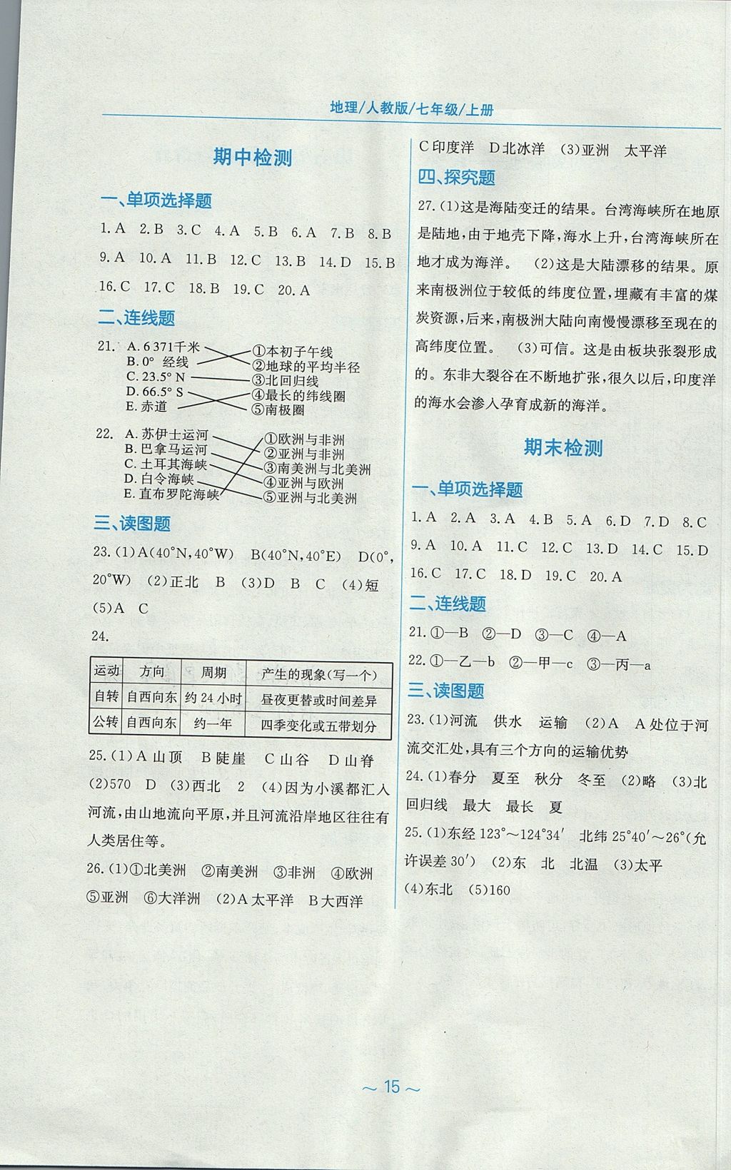 2017年新编基础训练七年级地理上册人教版 参考答案第7页