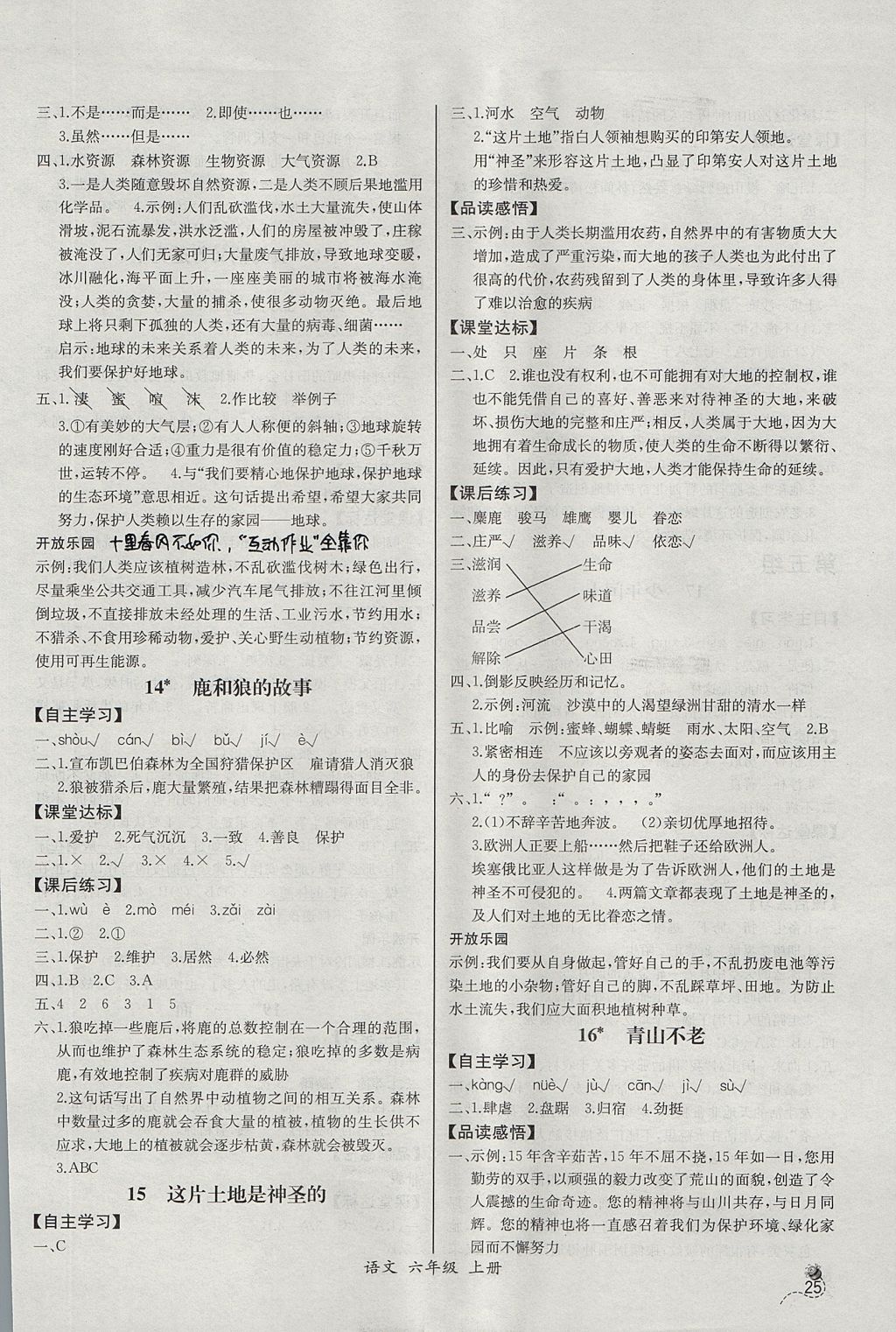 2017年同步导学案课时练六年级语文上册人教版河北专版 参考答案第5页