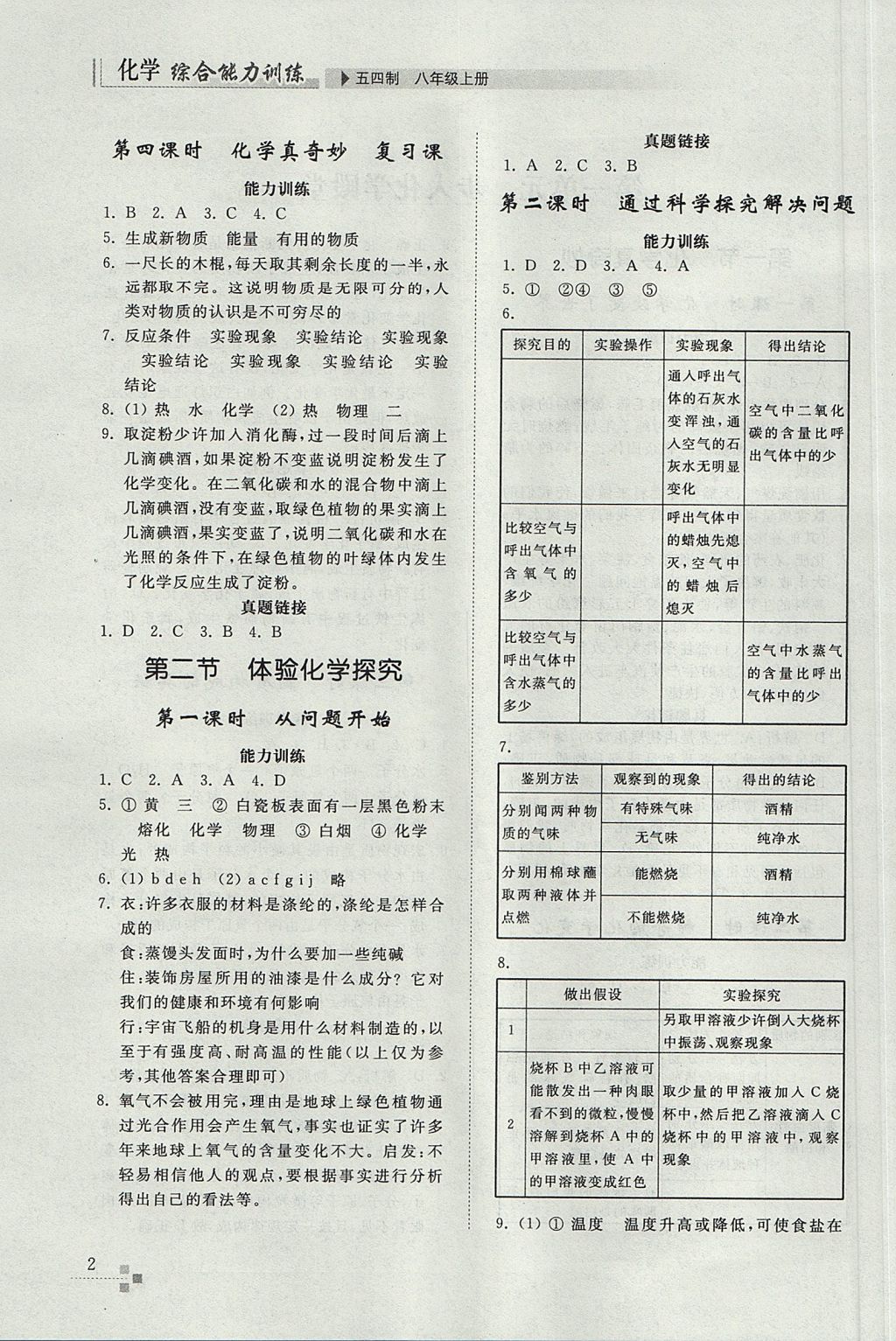 2017年综合能力训练八年级化学上册鲁教版五四制 参考答案第2页