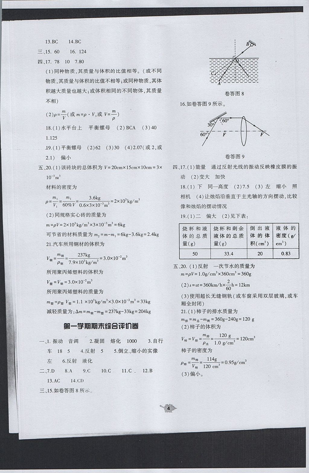 2017年基础训练八年级物理上册人教版大象出版社 参考答案第18页