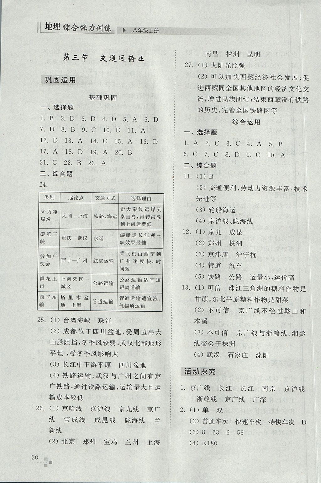 2017年綜合能力訓練八年級地理上冊湘教版 參考答案第20頁