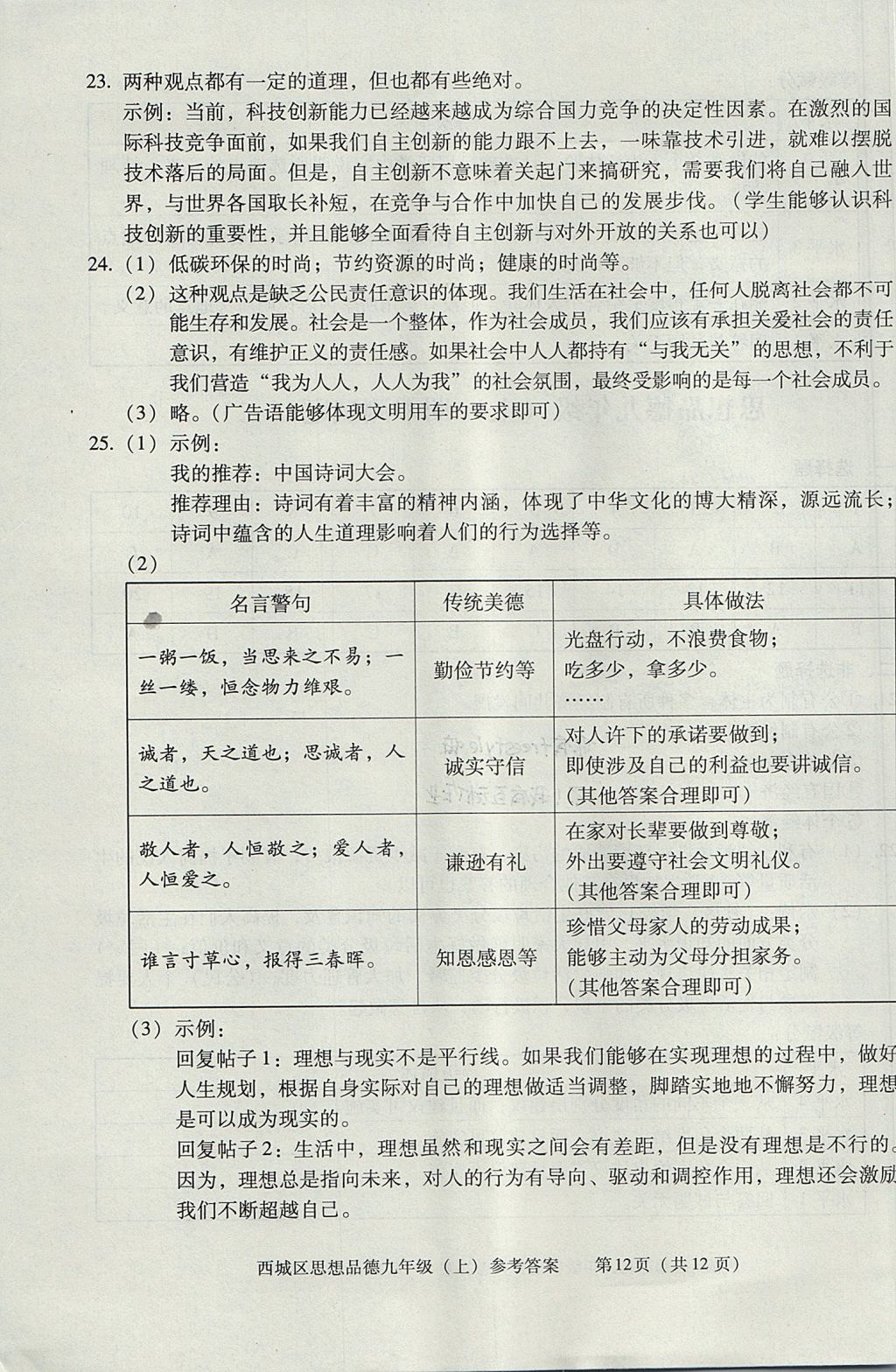 2017年学习探究诊断九年级思想品德上册 参考答案第12页