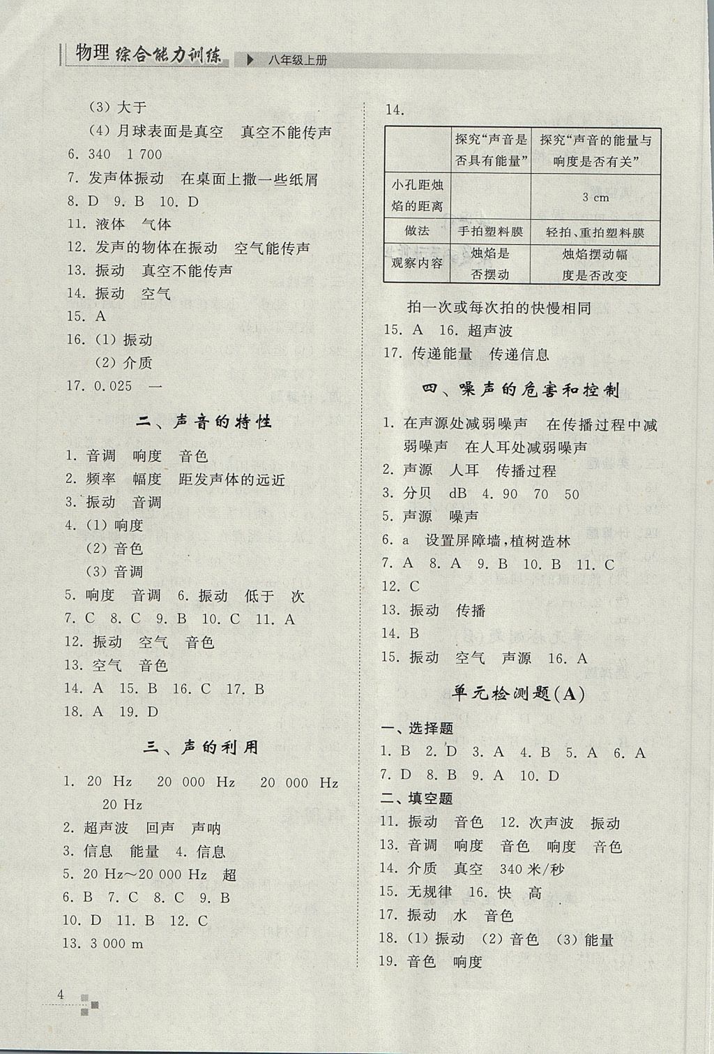 2017年綜合能力訓(xùn)練八年級物理上冊人教版 參考答案第4頁