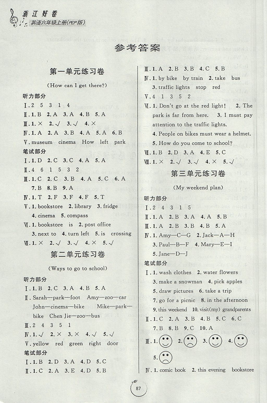 2017年浙江好卷六年級(jí)英語(yǔ)上冊(cè)人教PEP版 參考答案第7頁(yè)