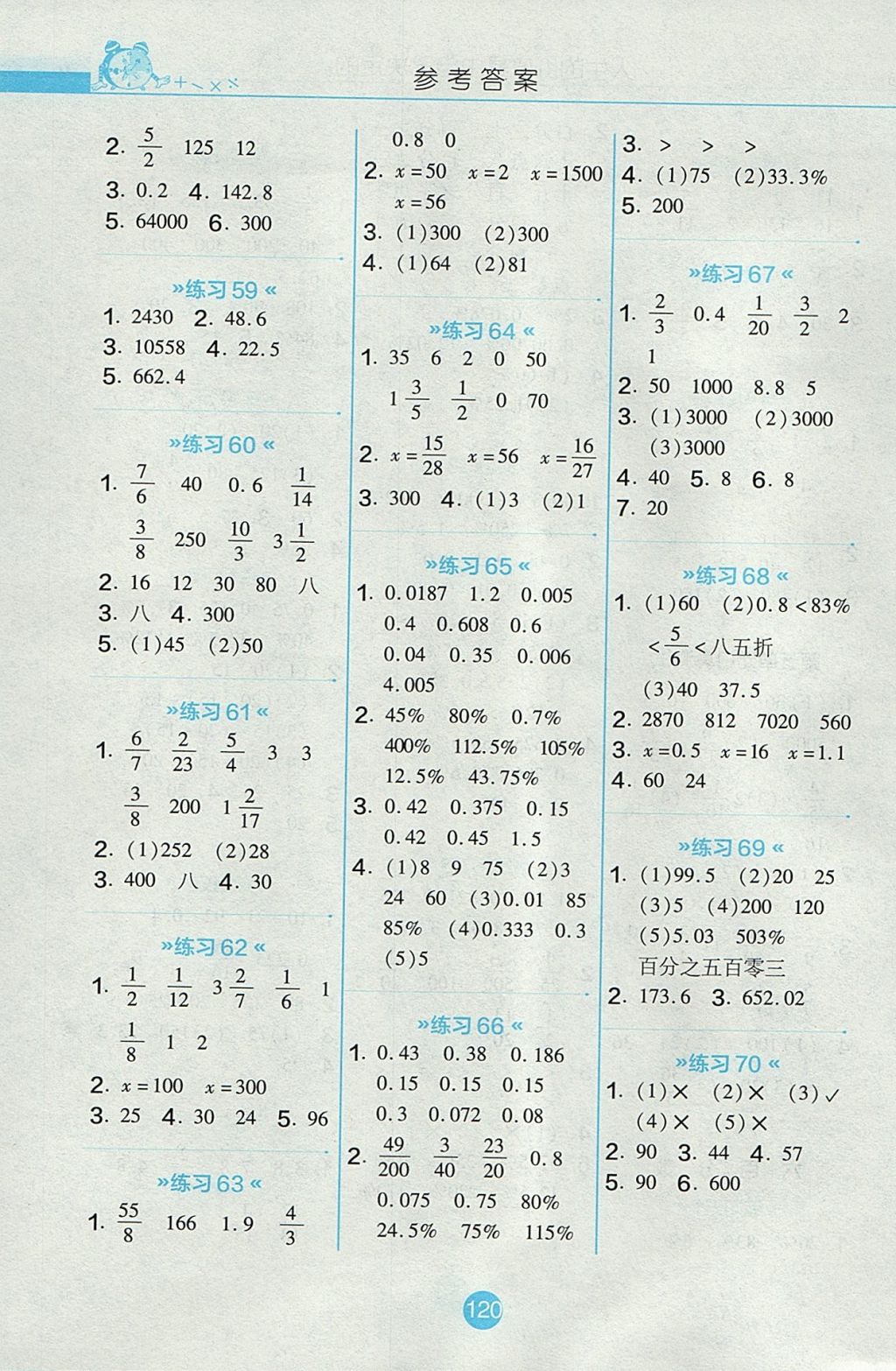 2017年小学数学口算心算速算天天练六年级上册苏教版 参考答案第7页