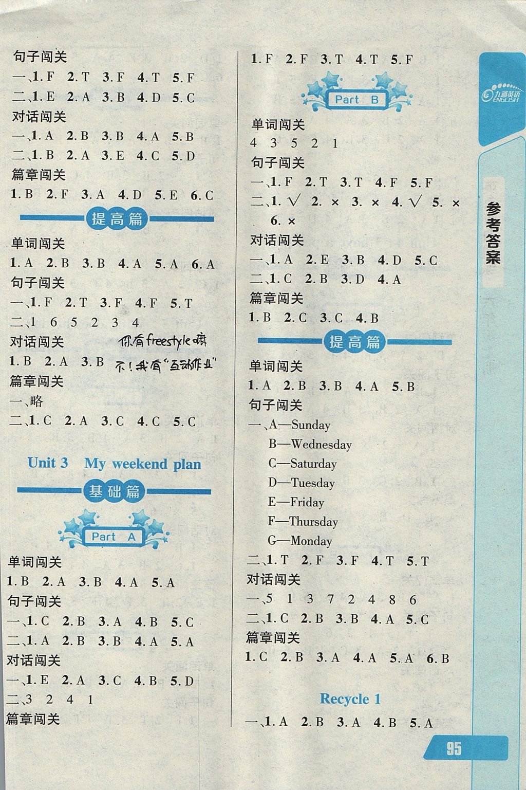 2017年长江全能学案英语听力训练六年级上册人教版 参考答案第2页