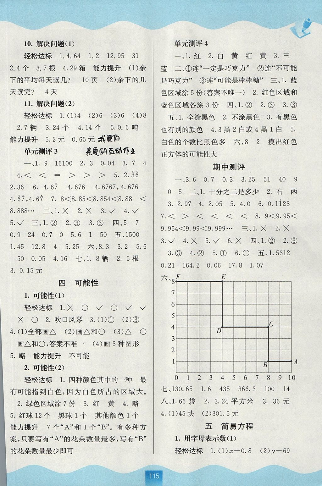 2017年自主学习能力测评五年级数学上册人教版 参考答案第3页