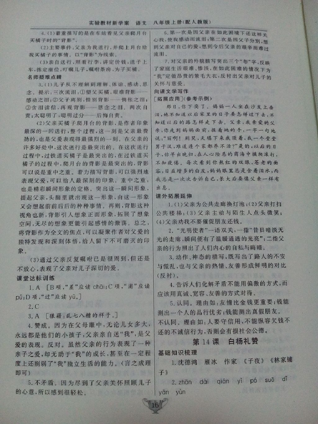 2017年實驗教材新學(xué)案八年級語文上冊人教版 參考答案