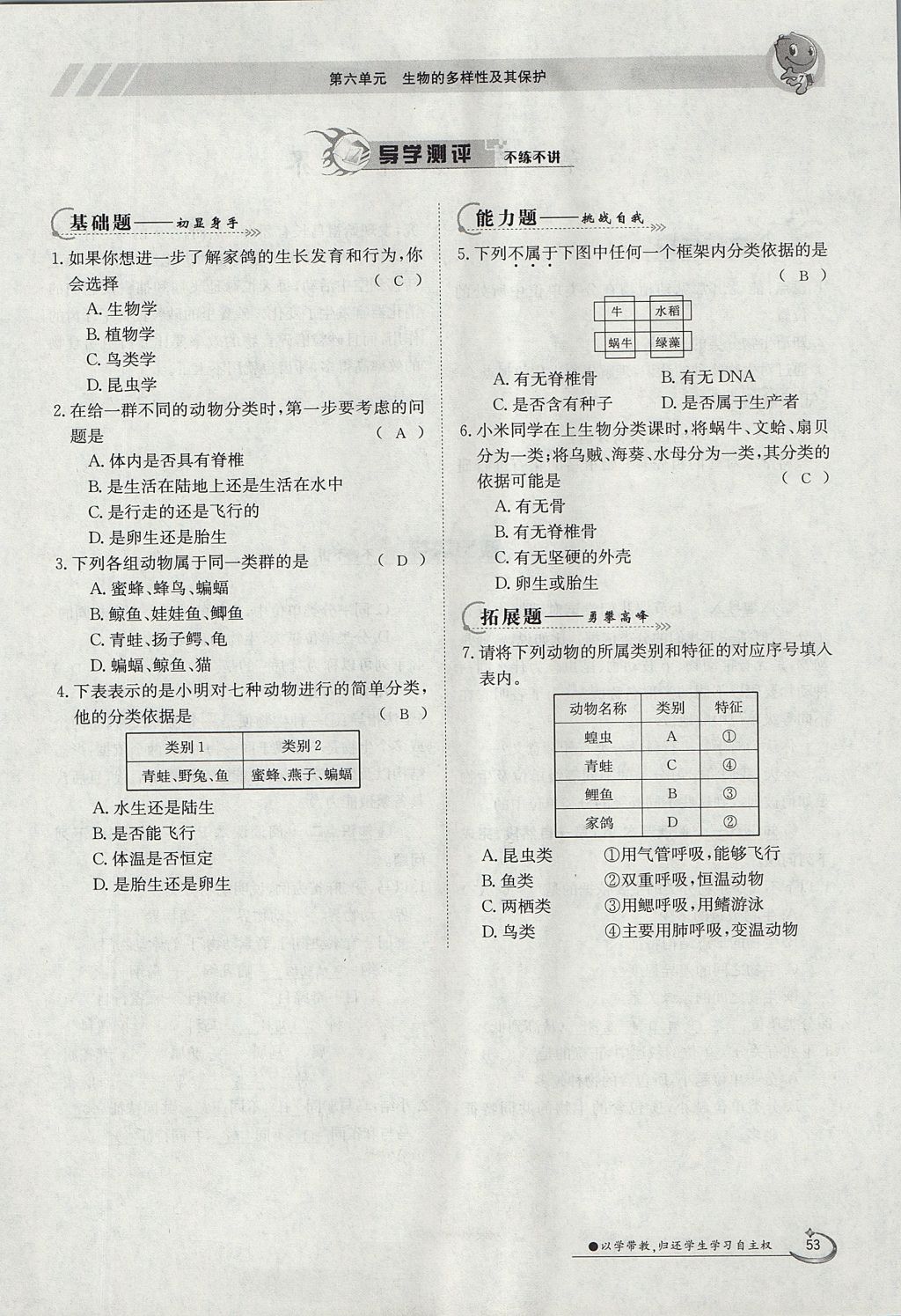 2017年金太陽導學案八年級生物上冊人教版 第六單元第53頁