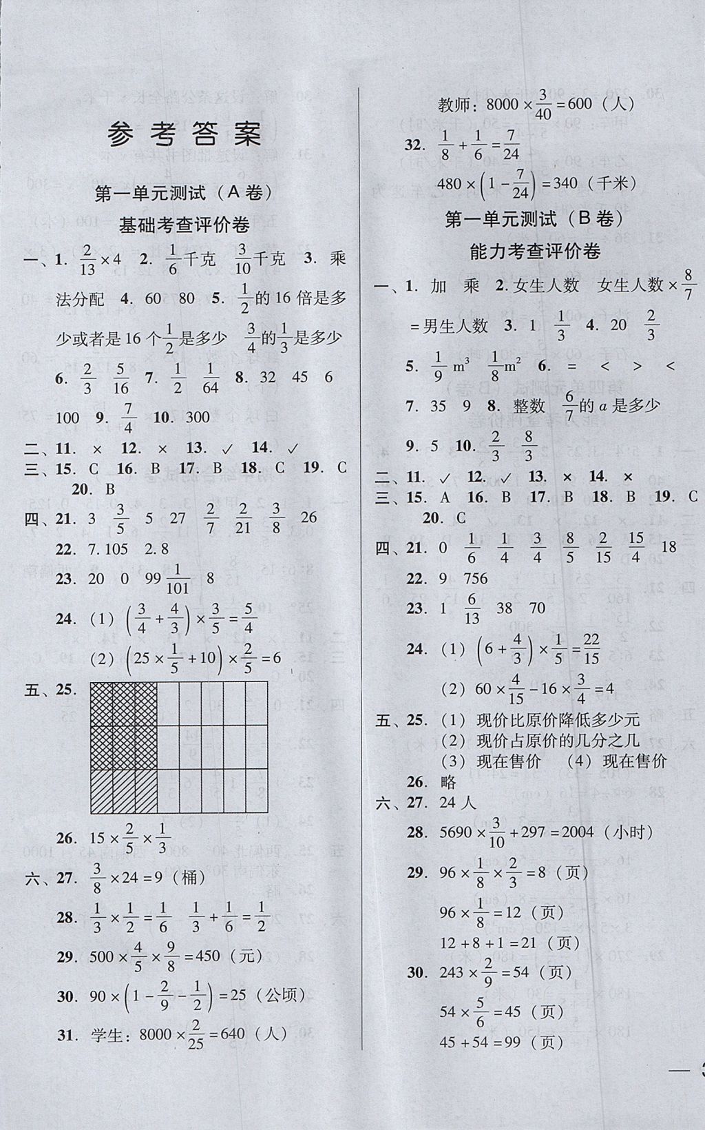 2017年状元坊全程突破AB测试卷六年级数学上册人教版 参考答案第1页