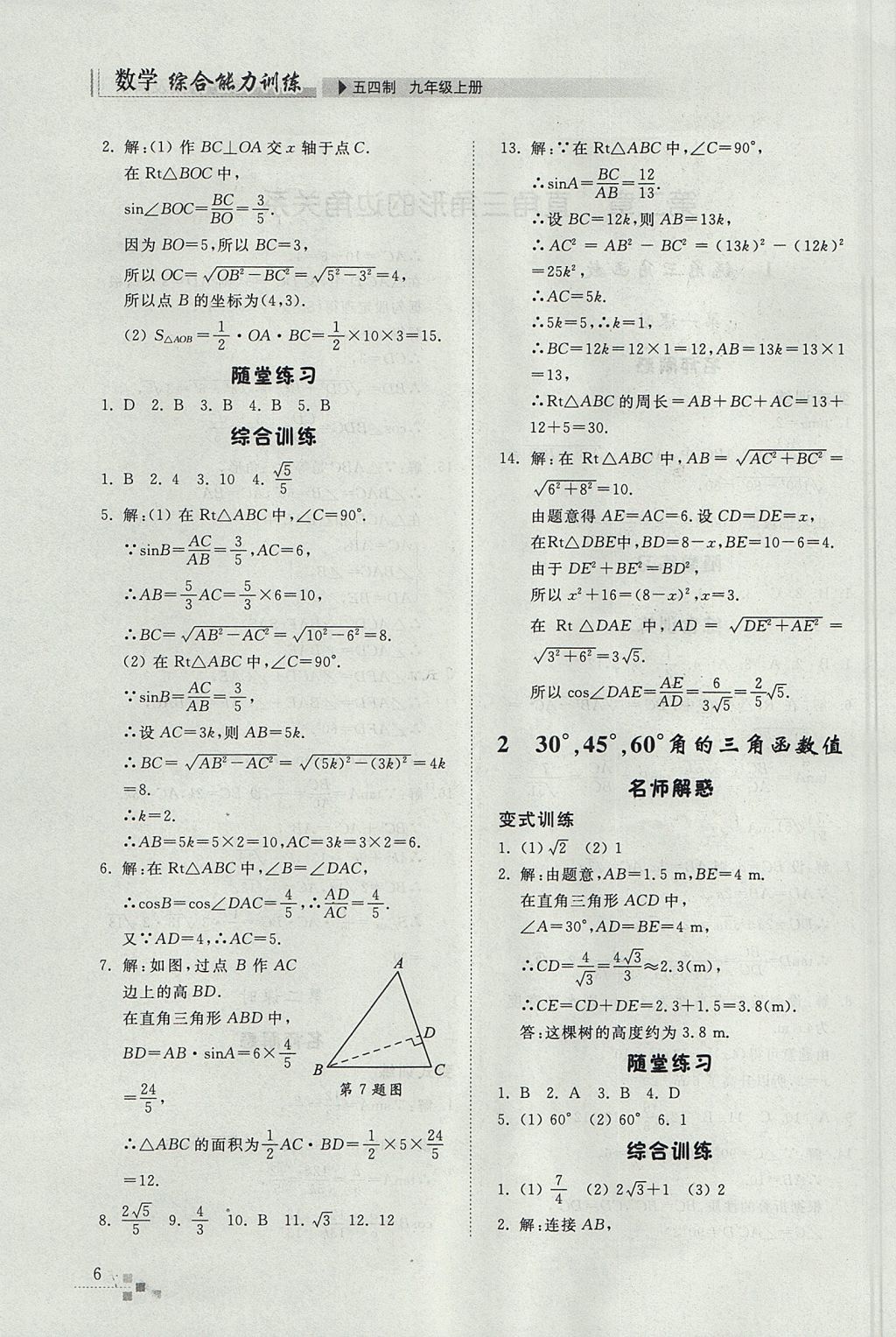 2017年綜合能力訓(xùn)練九年級數(shù)學(xué)上冊魯教版五四制 參考答案第6頁