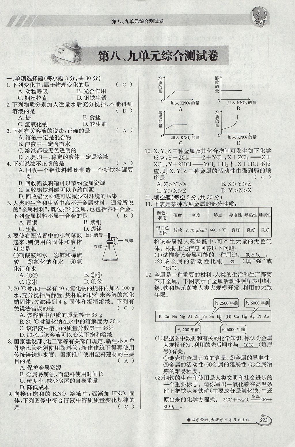 2017年金太阳导学案九年级化学全一册 第十二单元 化学与生活第185页