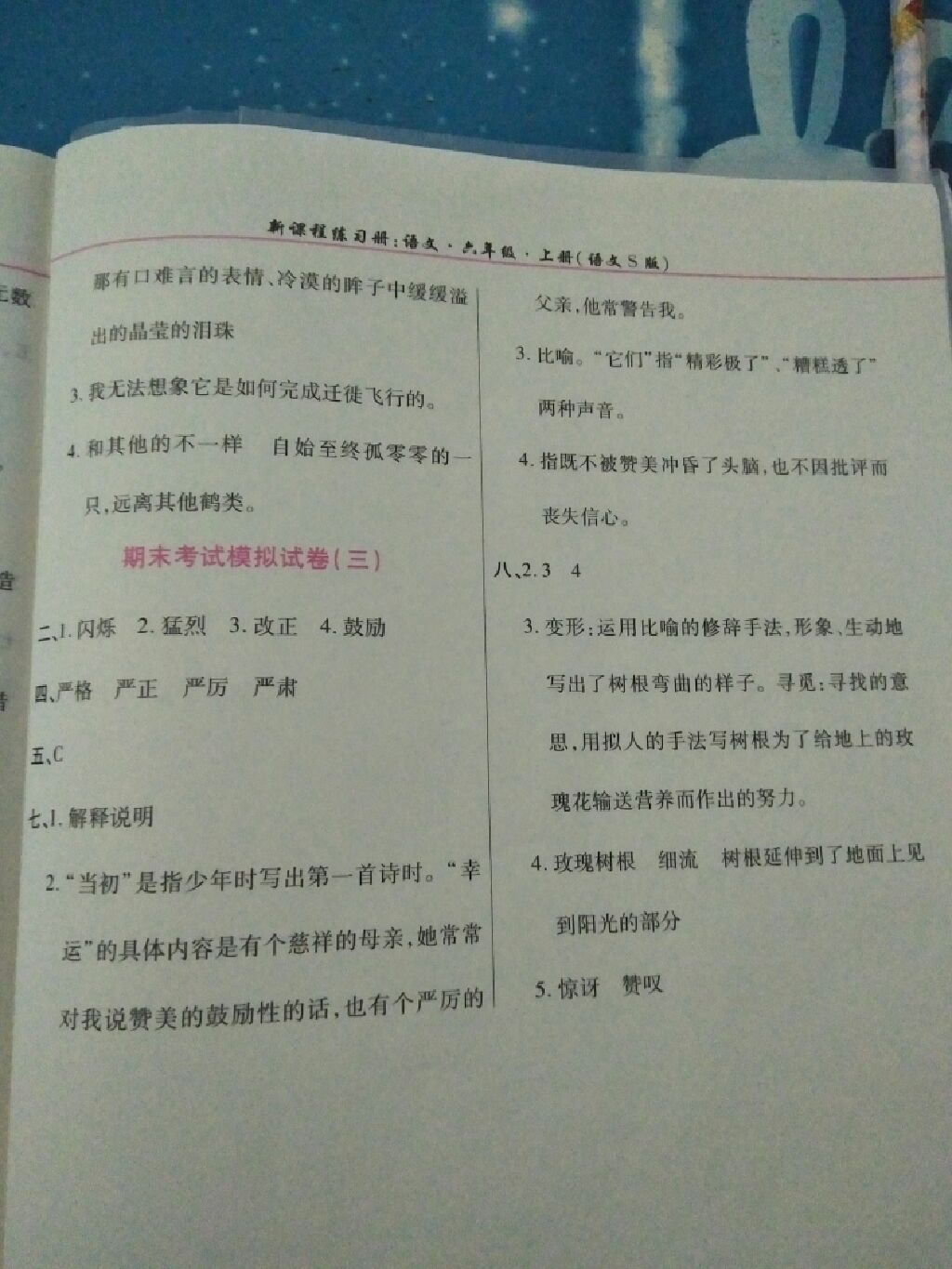 2017年新課程練習冊六年級語文上冊語文S版 參考答案第15頁