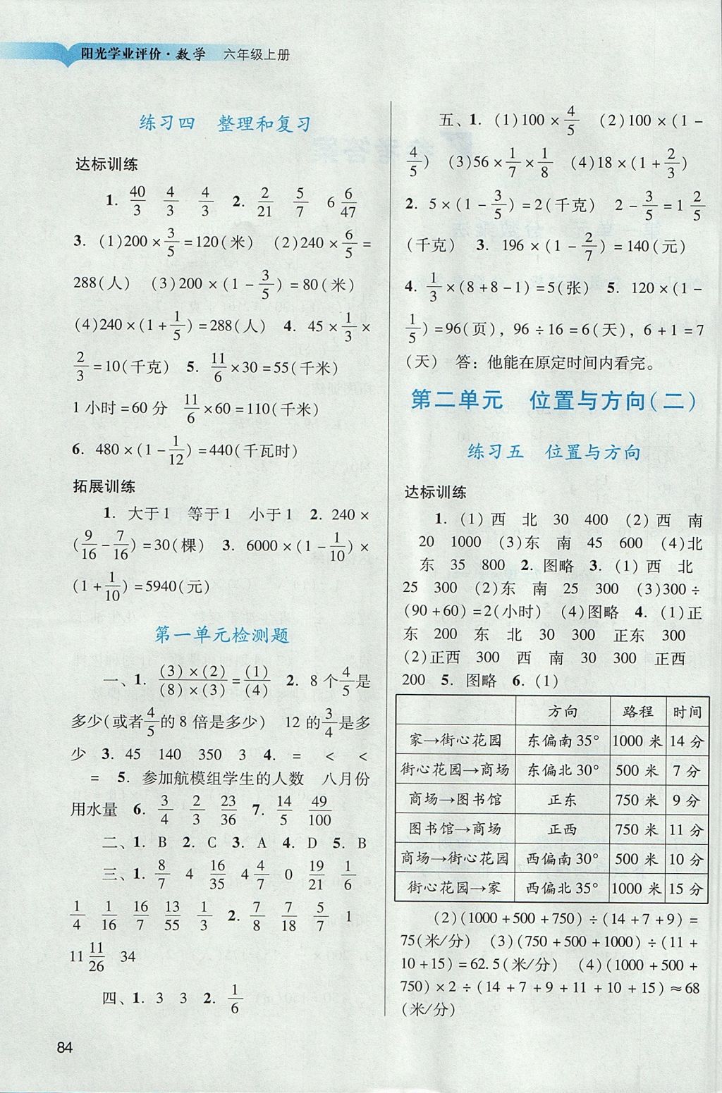 2017年陽光學業(yè)評價六年級數(shù)學上冊人教版 參考答案