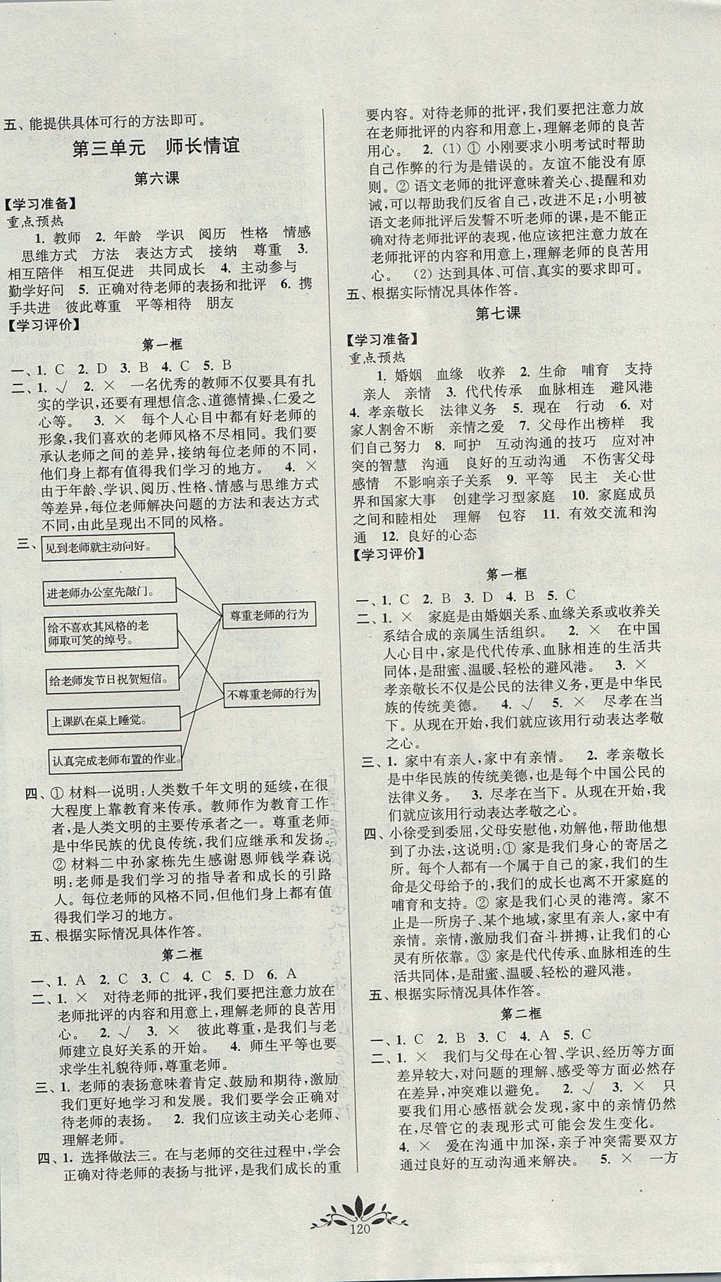 2017年新课程自主学习与测评七年级道德与法治上册人教版 参考答案