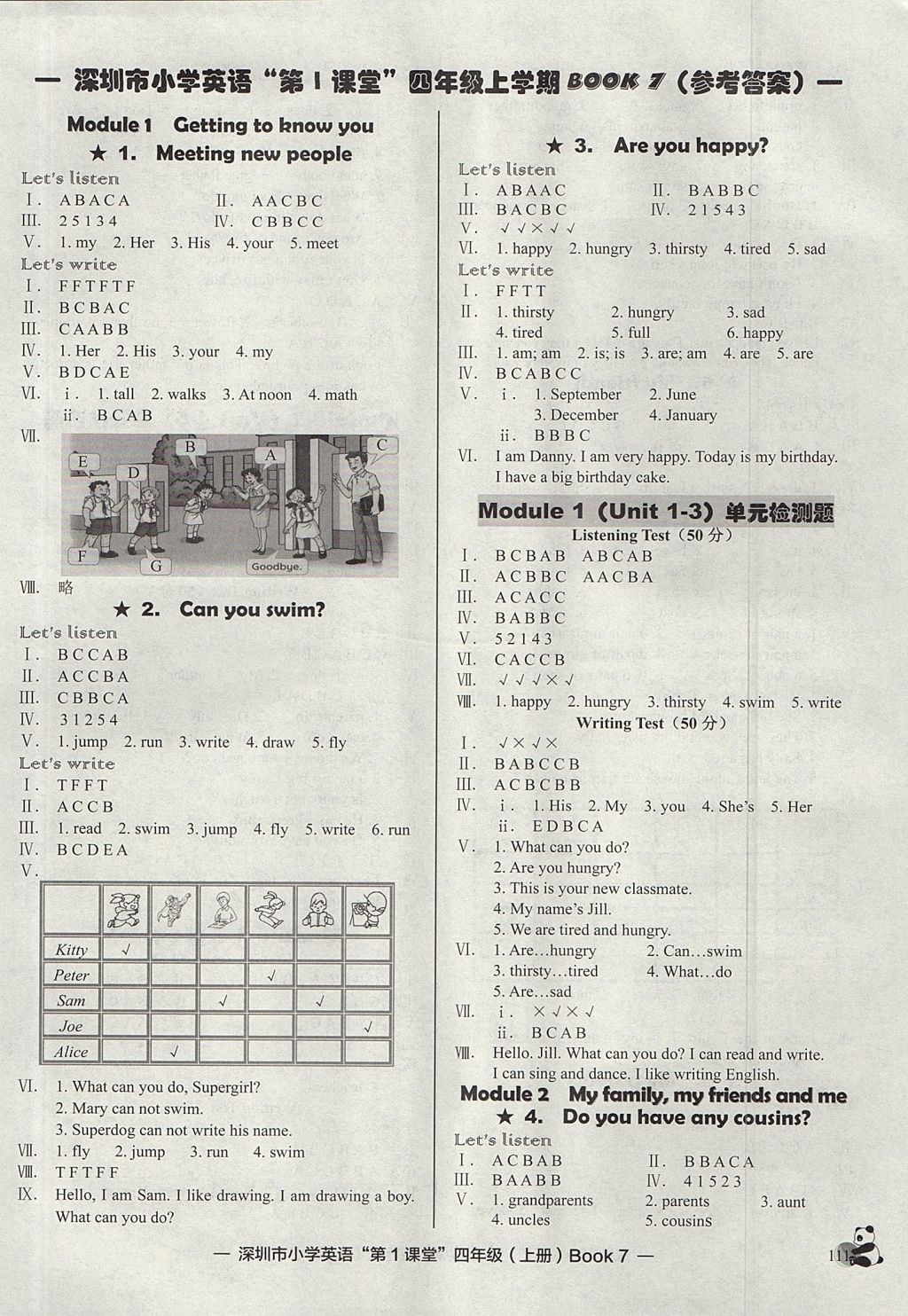 2017年深圳市小學(xué)英語(yǔ)第1課堂四年級(jí)上冊(cè)滬教版 參考答案