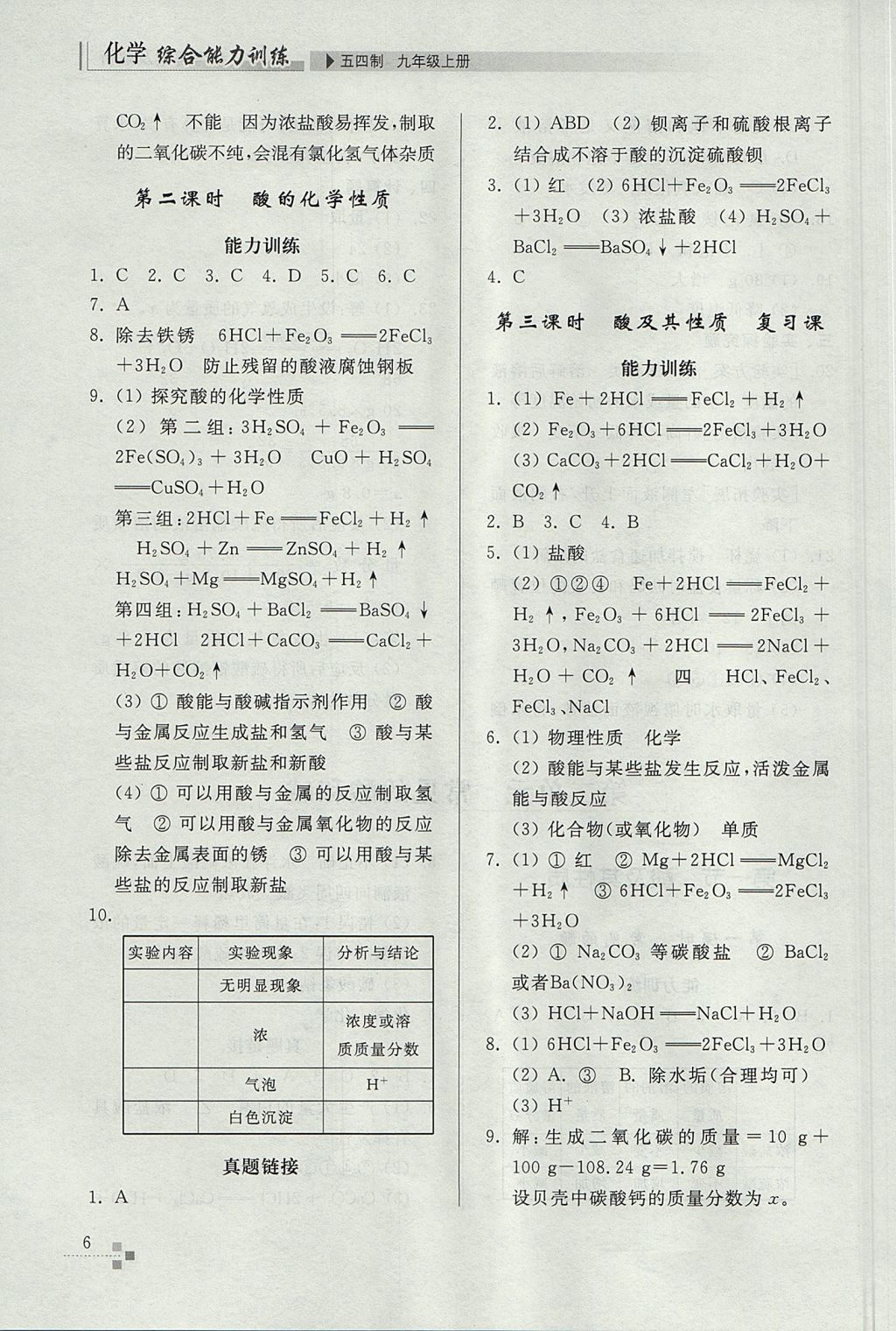 2017年綜合能力訓(xùn)練九年級化學(xué)上冊魯教版五四制 參考答案