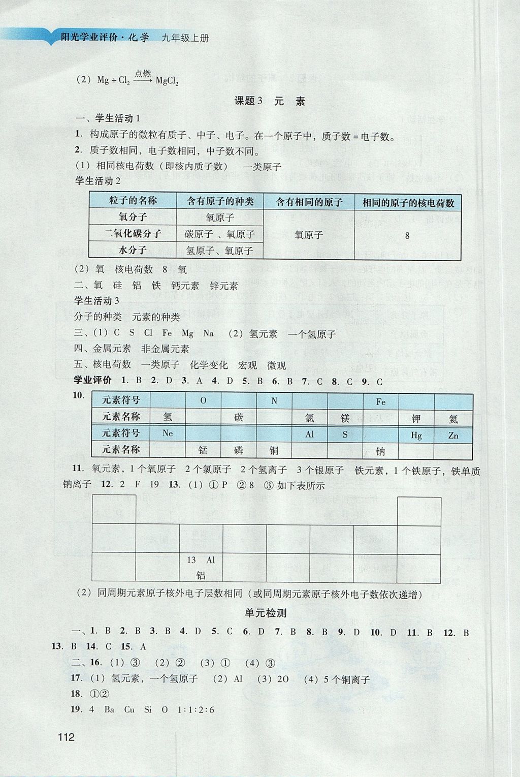 2017年陽光學(xué)業(yè)評(píng)價(jià)九年級(jí)化學(xué)上冊(cè)人教版 參考答案