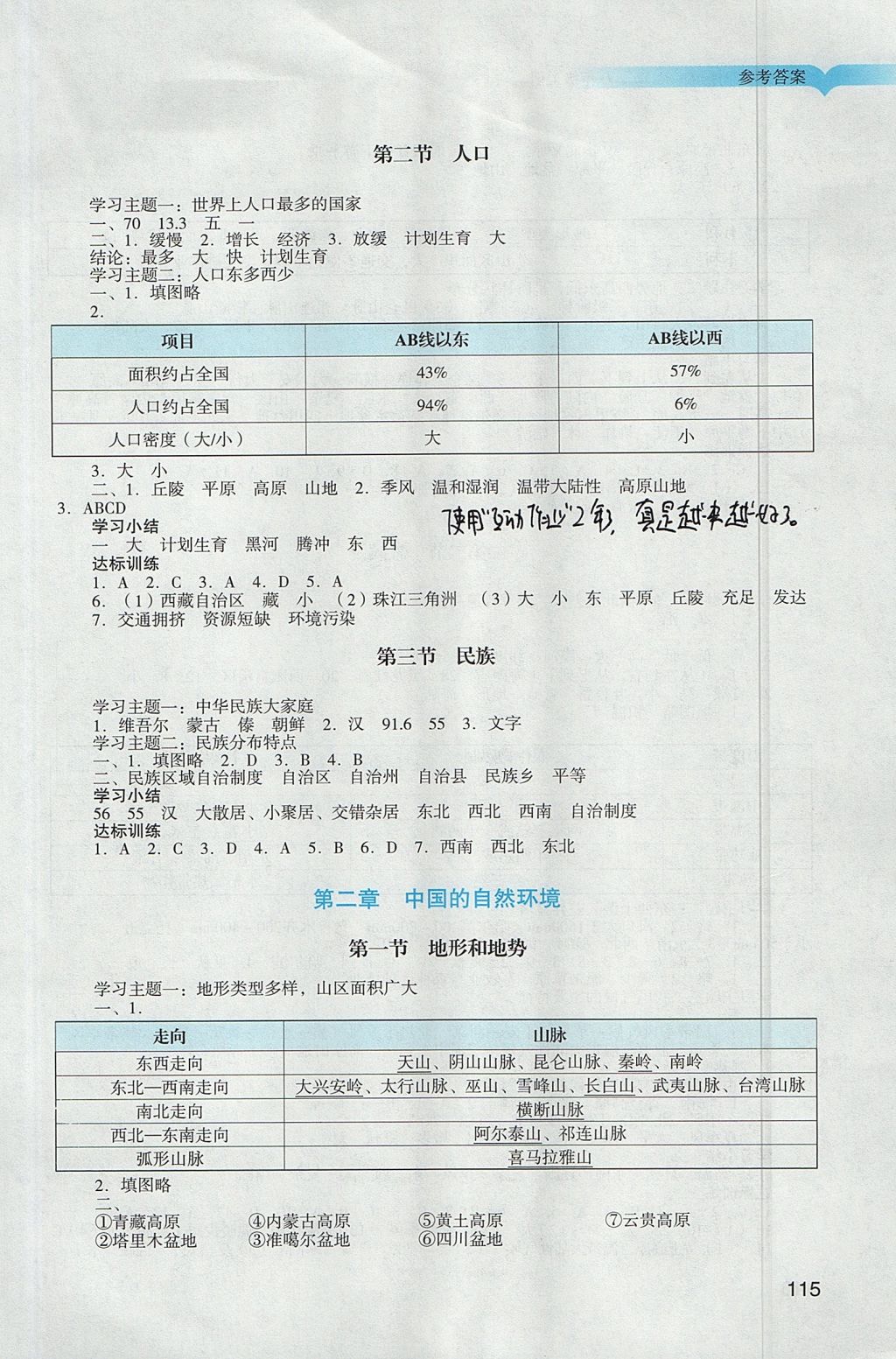 2017年陽光學(xué)業(yè)評價八年級地理上冊人教版 參考答案