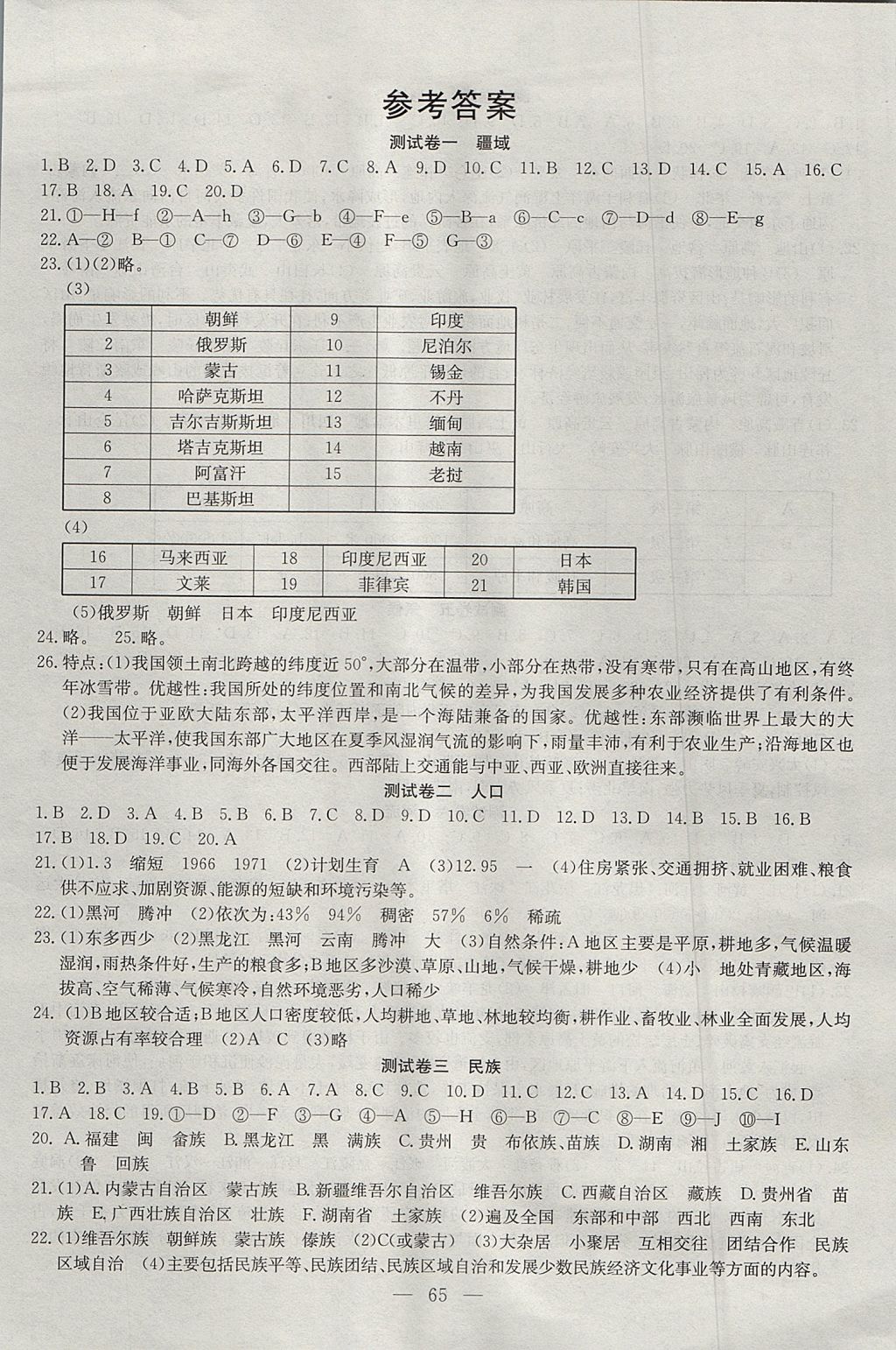 2017年黃岡測試卷八年級地理上冊人教版 參考答案