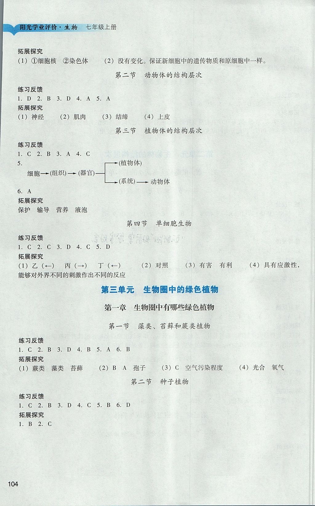 2017年阳光学业评价七年级生物上册人教版 参考答案