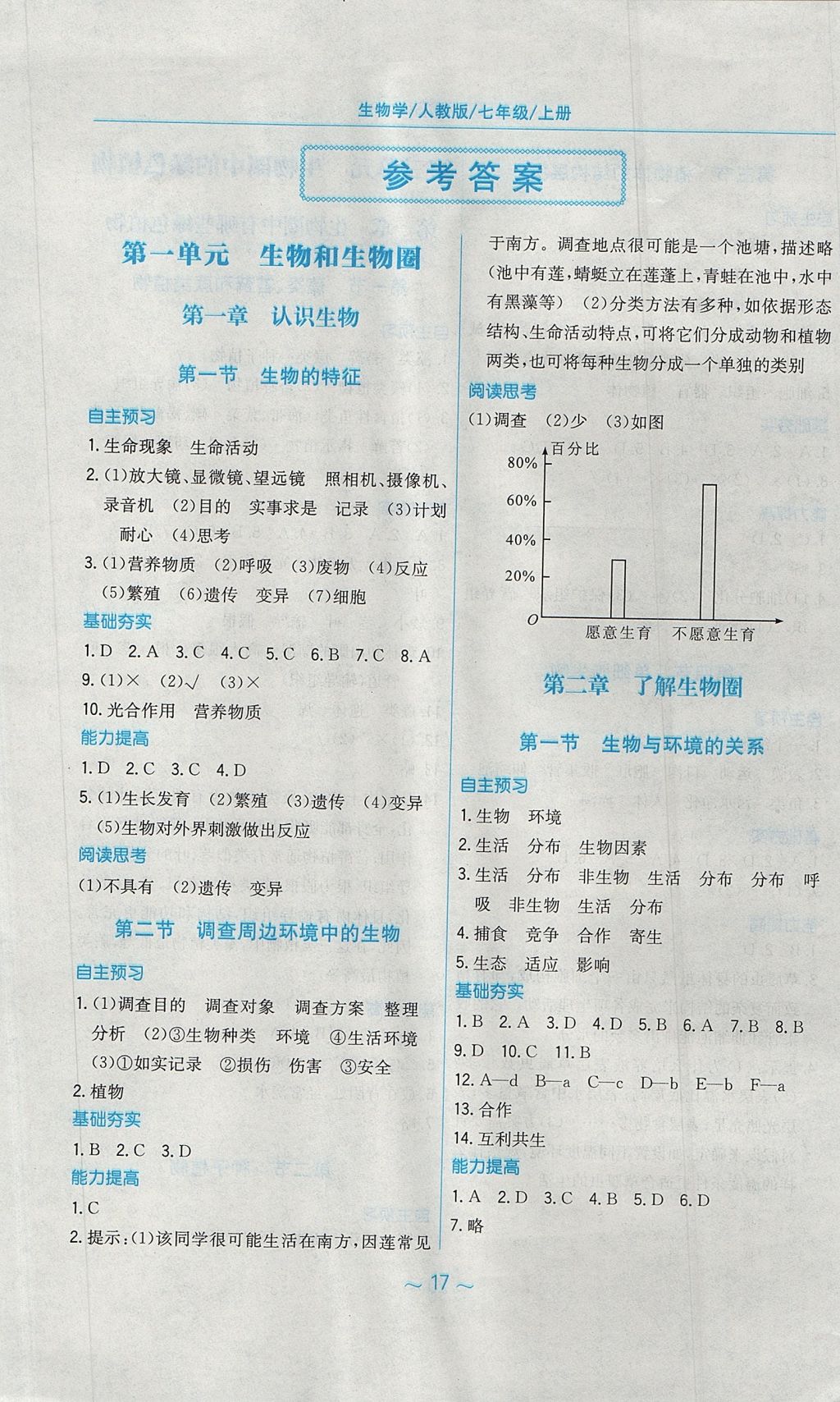 2017年新编基础训练七年级生物学上册人教版 参考答案