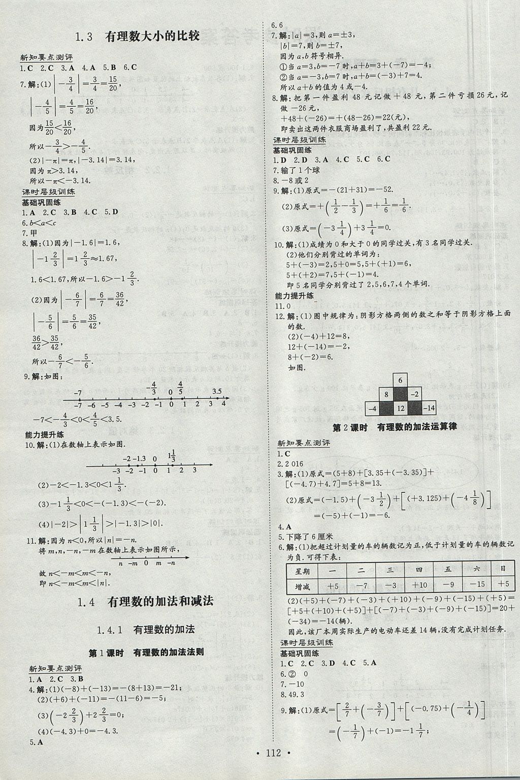 2017年练案课时作业本七年级数学上册湘教版 参考答案