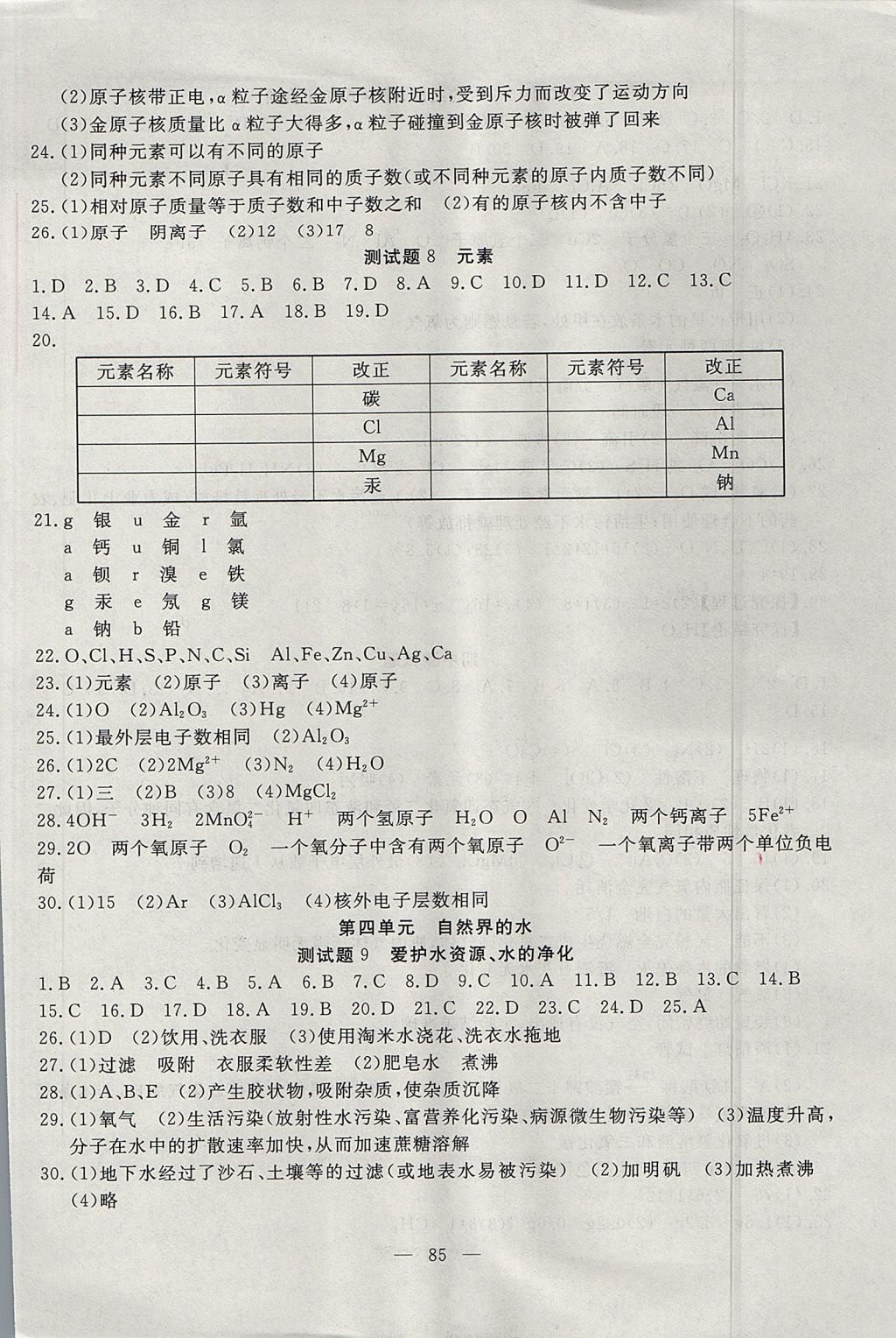 2017年黃岡測(cè)試卷九年級(jí)化學(xué)上冊(cè) 參考答案