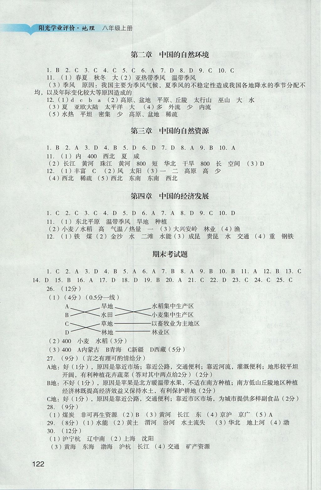 2017年陽光學業(yè)評價八年級地理上冊人教版 參考答案