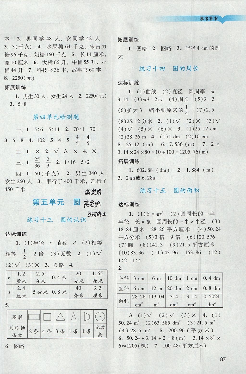 2017年陽光學業(yè)評價六年級數學上冊人教版 參考答案