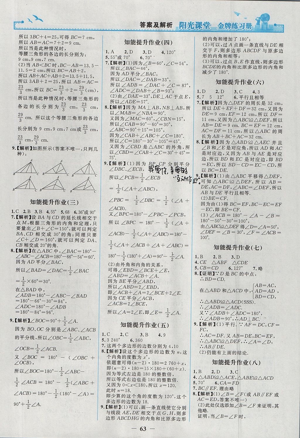 2017年陽光課堂金牌練習冊八年級數(shù)學上冊人教版 參考答案