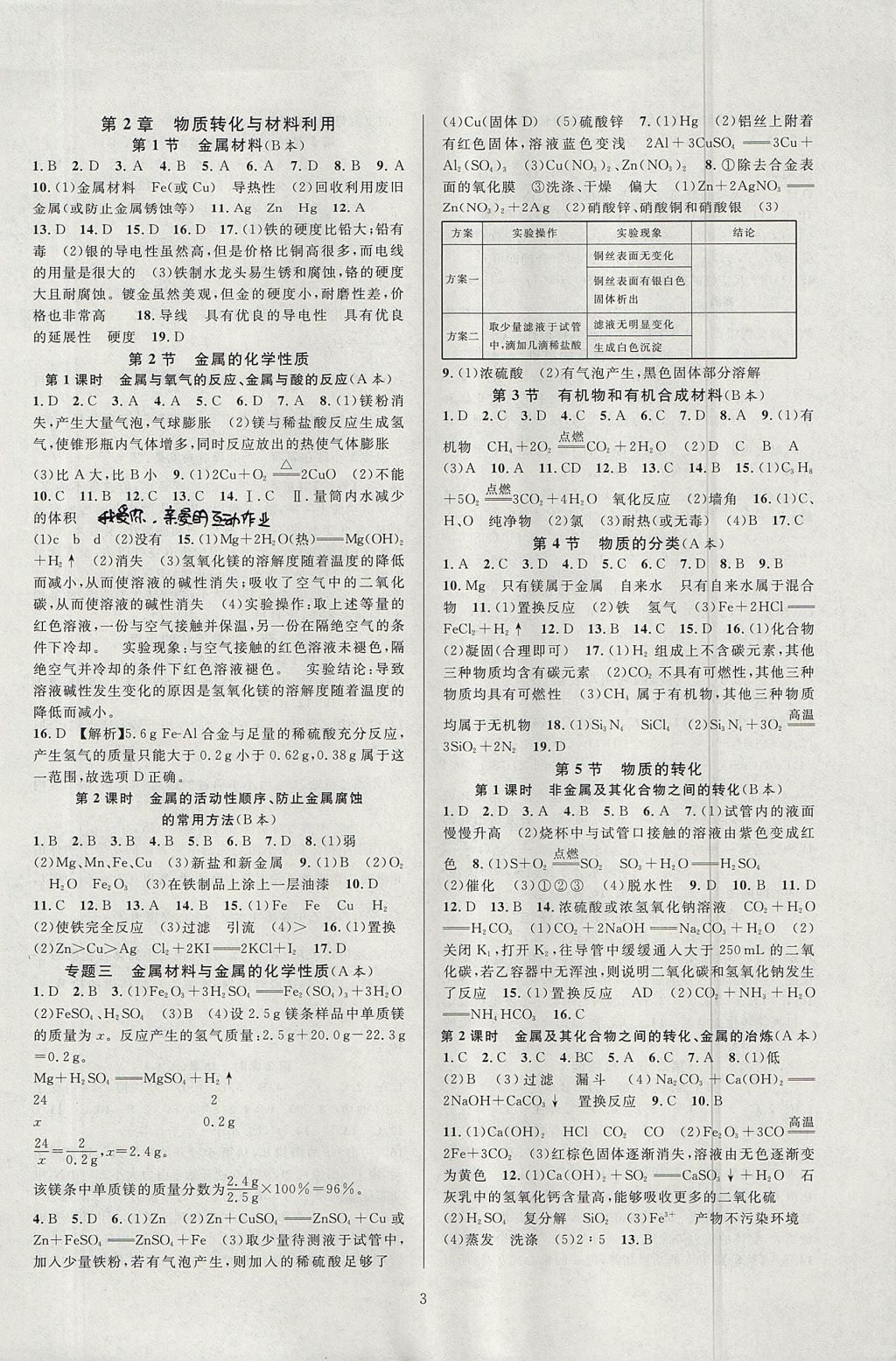 2017年全優(yōu)新同步九年級(jí)科學(xué)全一冊(cè)浙教版 參考答案