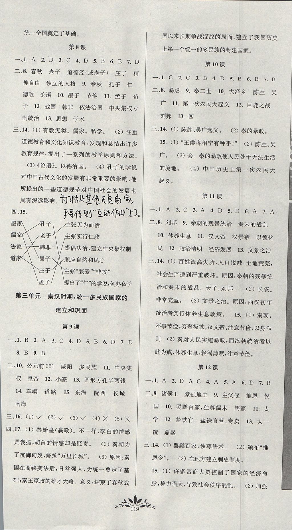 2017年新課程自主學(xué)習(xí)與測(cè)評(píng)初中歷史七年級(jí)上冊(cè)人教版 參考答案