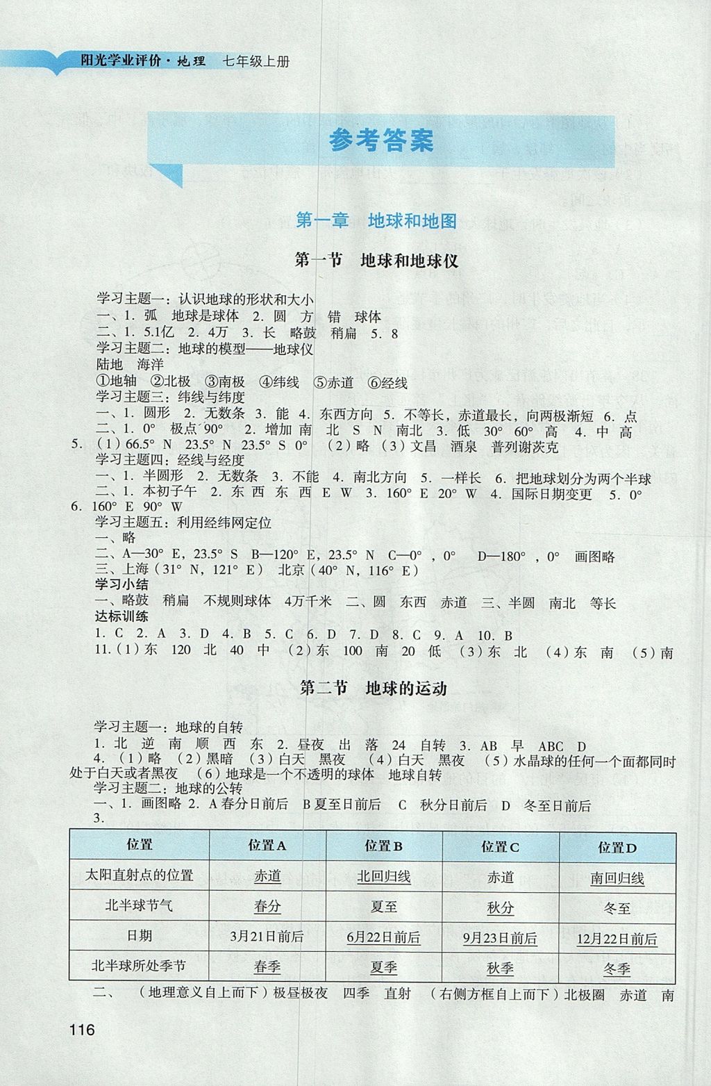 2017年陽(yáng)光學(xué)業(yè)評(píng)價(jià)七年級(jí)地理上冊(cè)人教版 參考答案