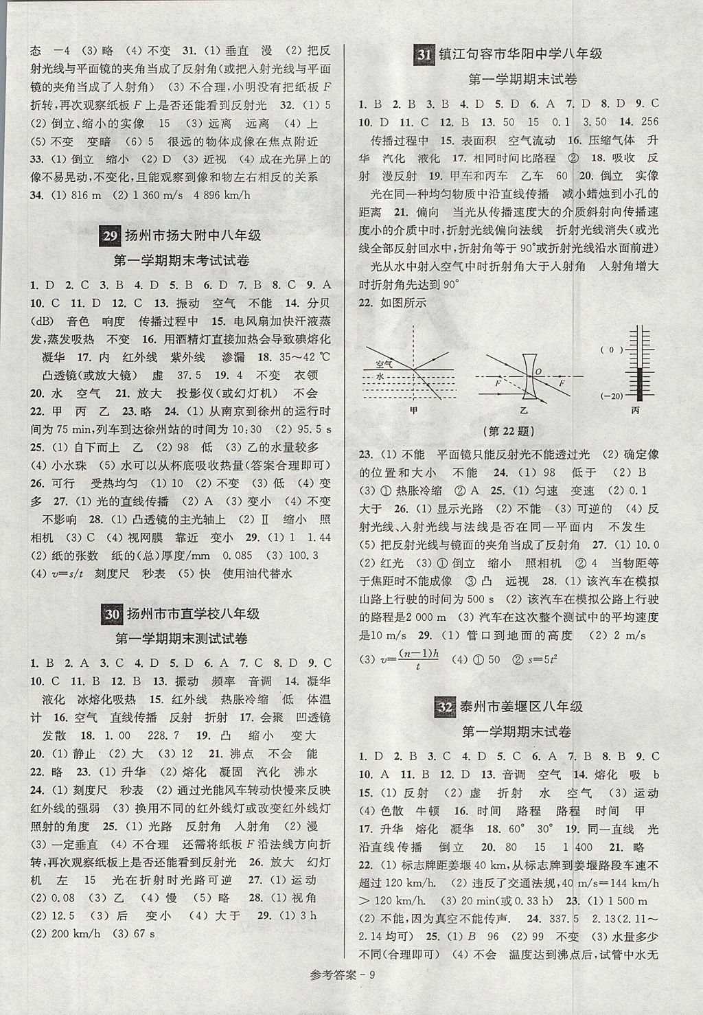 2017年搶先起跑大試卷八年級(jí)物理上冊江蘇版 參考答案