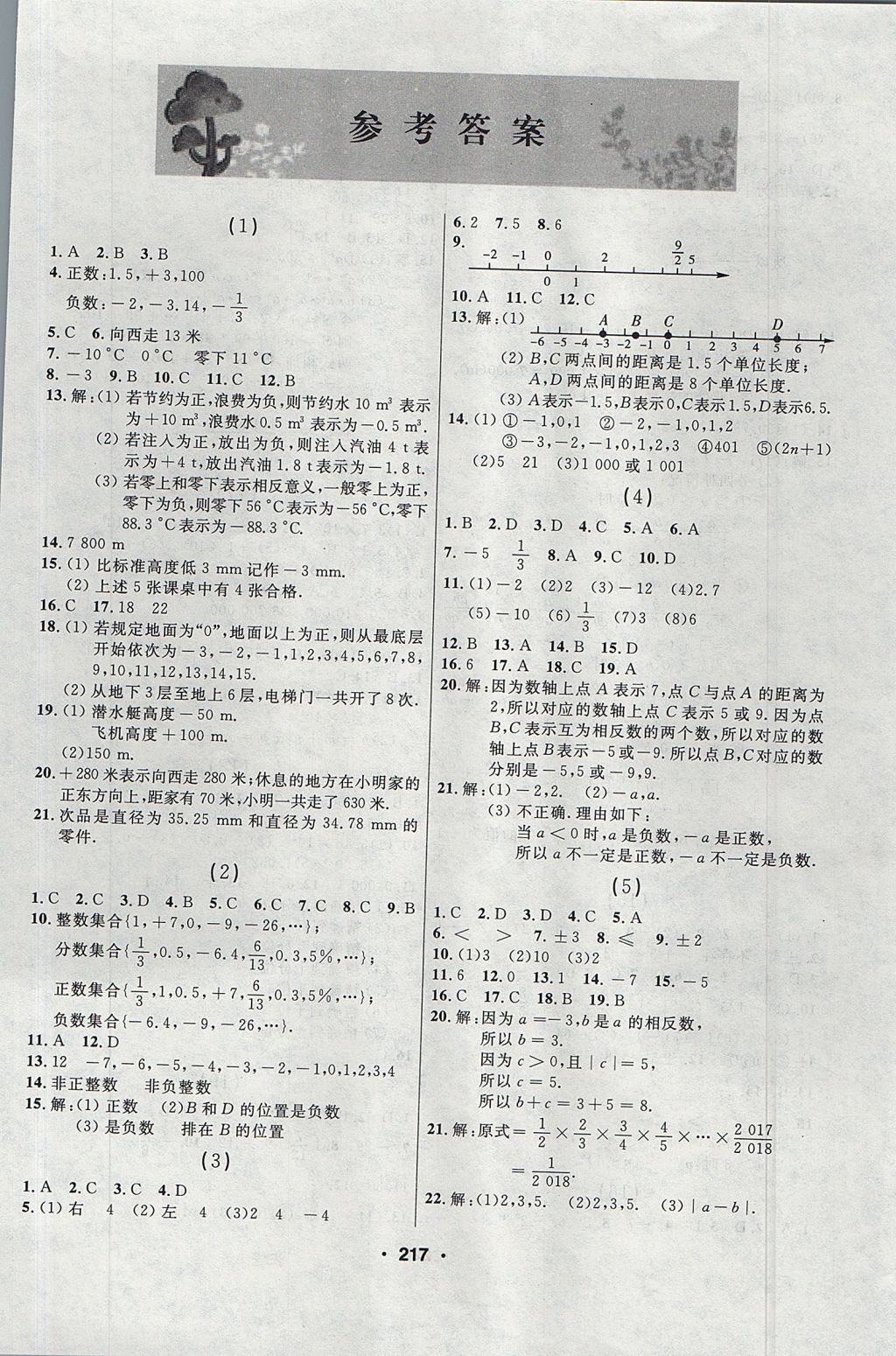 2017年試題優(yōu)化課堂同步七年級數(shù)學(xué)上冊人教版 參考答案