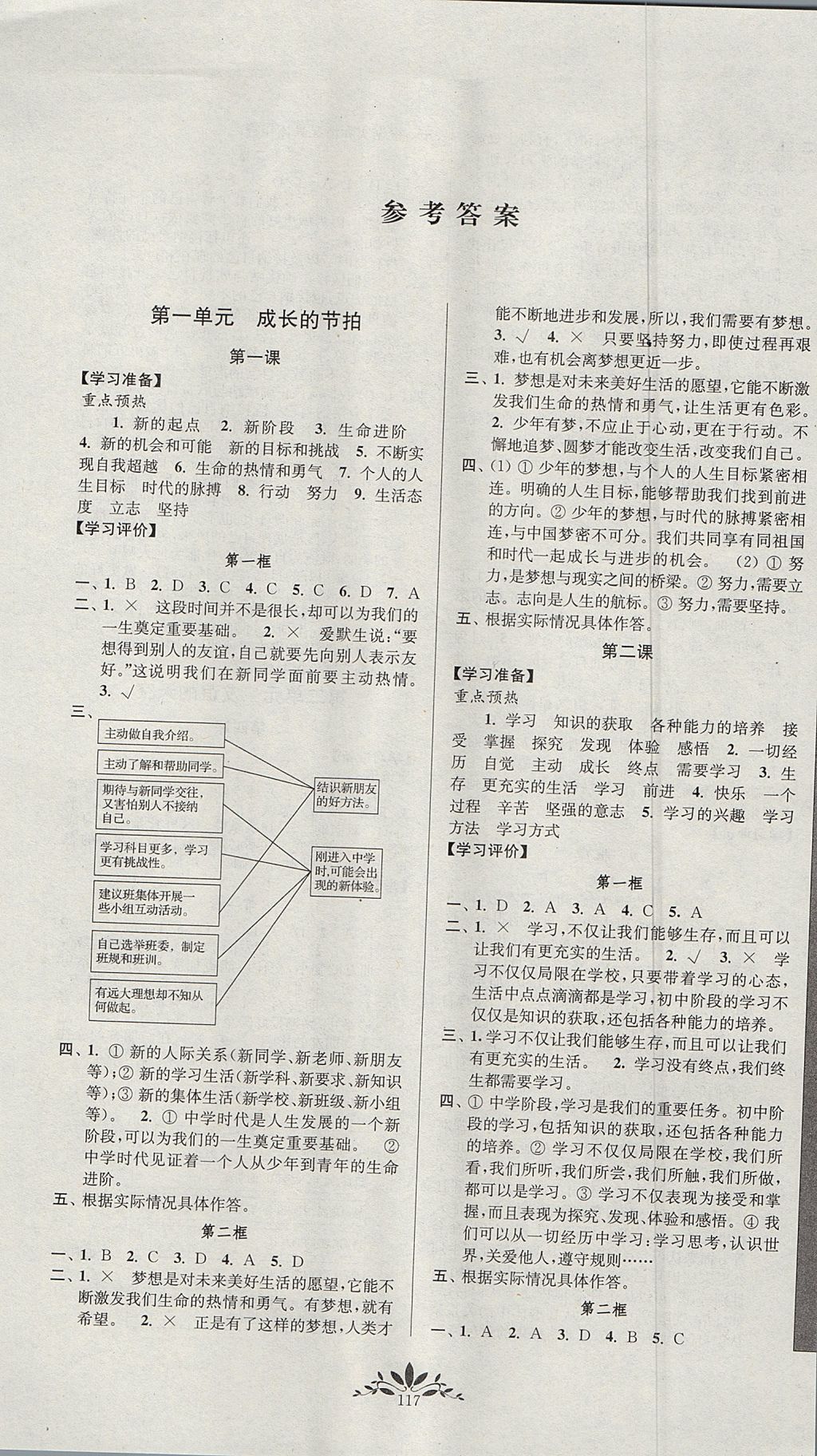 2017年新课程自主学习与测评七年级道德与法治上册人教版 参考答案