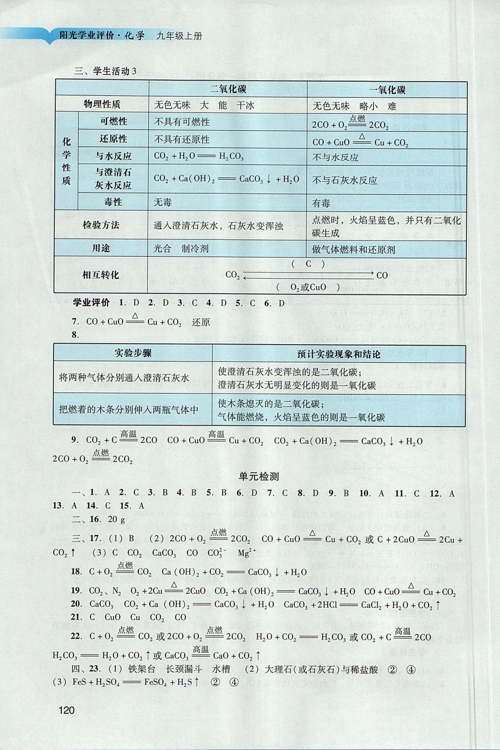 2017年陽光學業(yè)評價九年級化學上冊人教版 參考答案