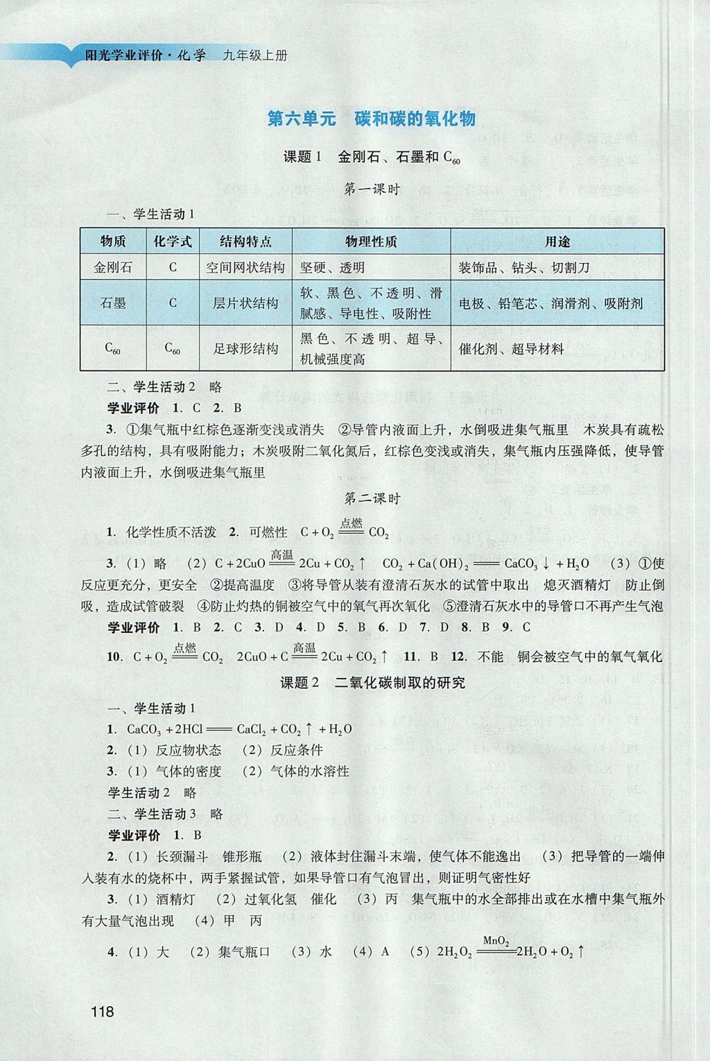 2017年陽(yáng)光學(xué)業(yè)評(píng)價(jià)九年級(jí)化學(xué)上冊(cè)人教版 參考答案